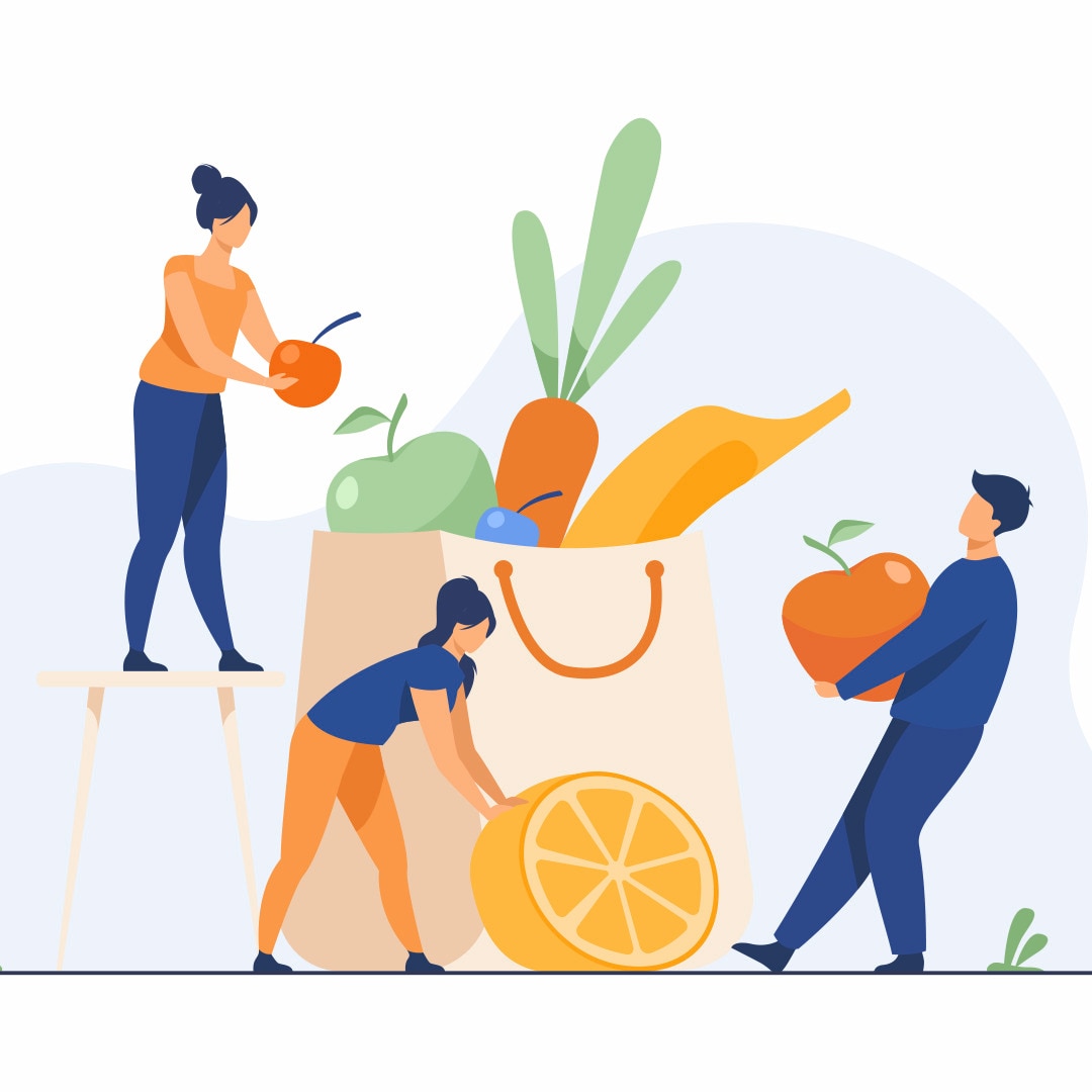 disegno animato di persone che aggiungono frutta e verdura a una borsa della spesa