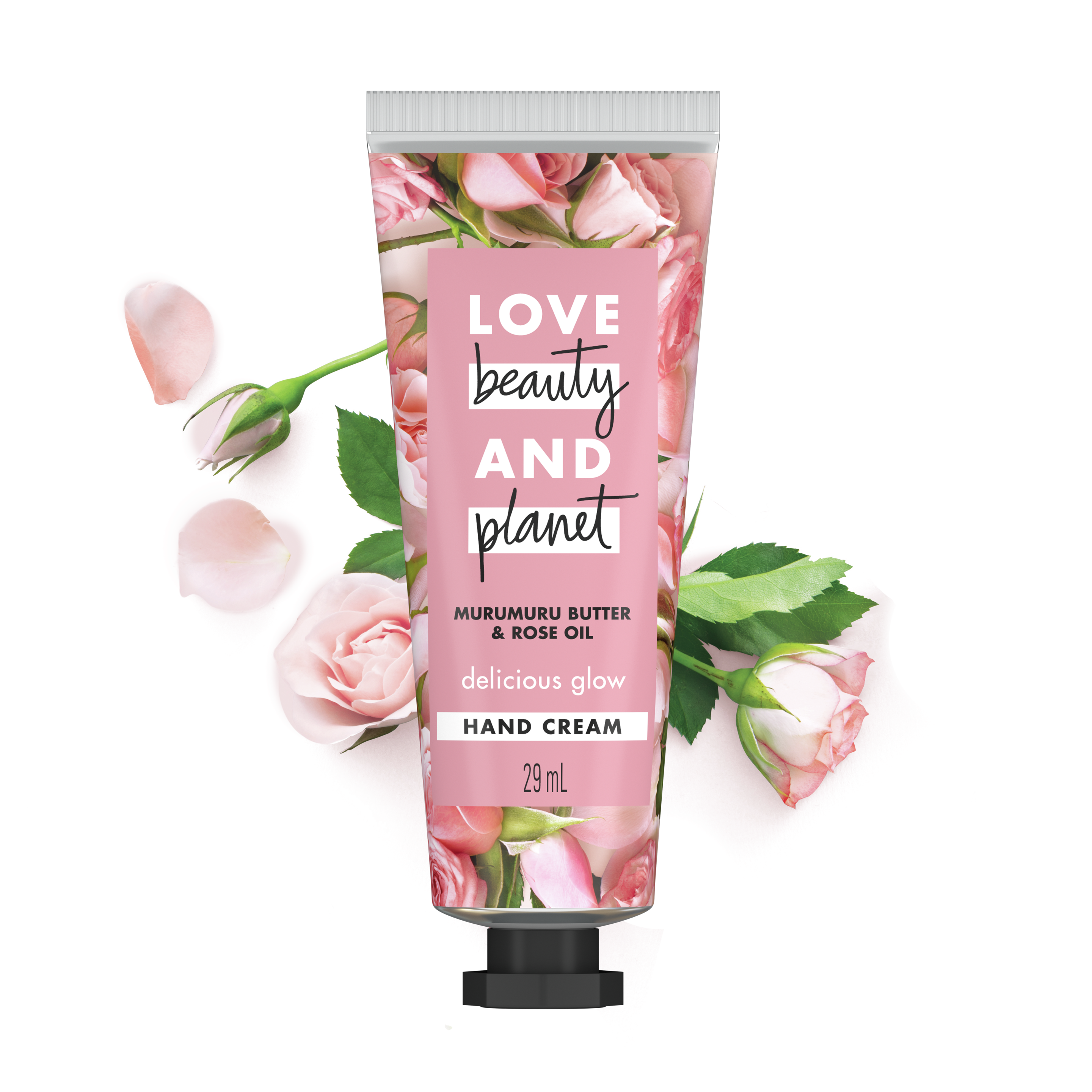 Tampak depan kemasan Love Beauty and Planet Delicious Glow Hand Cream ukuran 29 ml Text