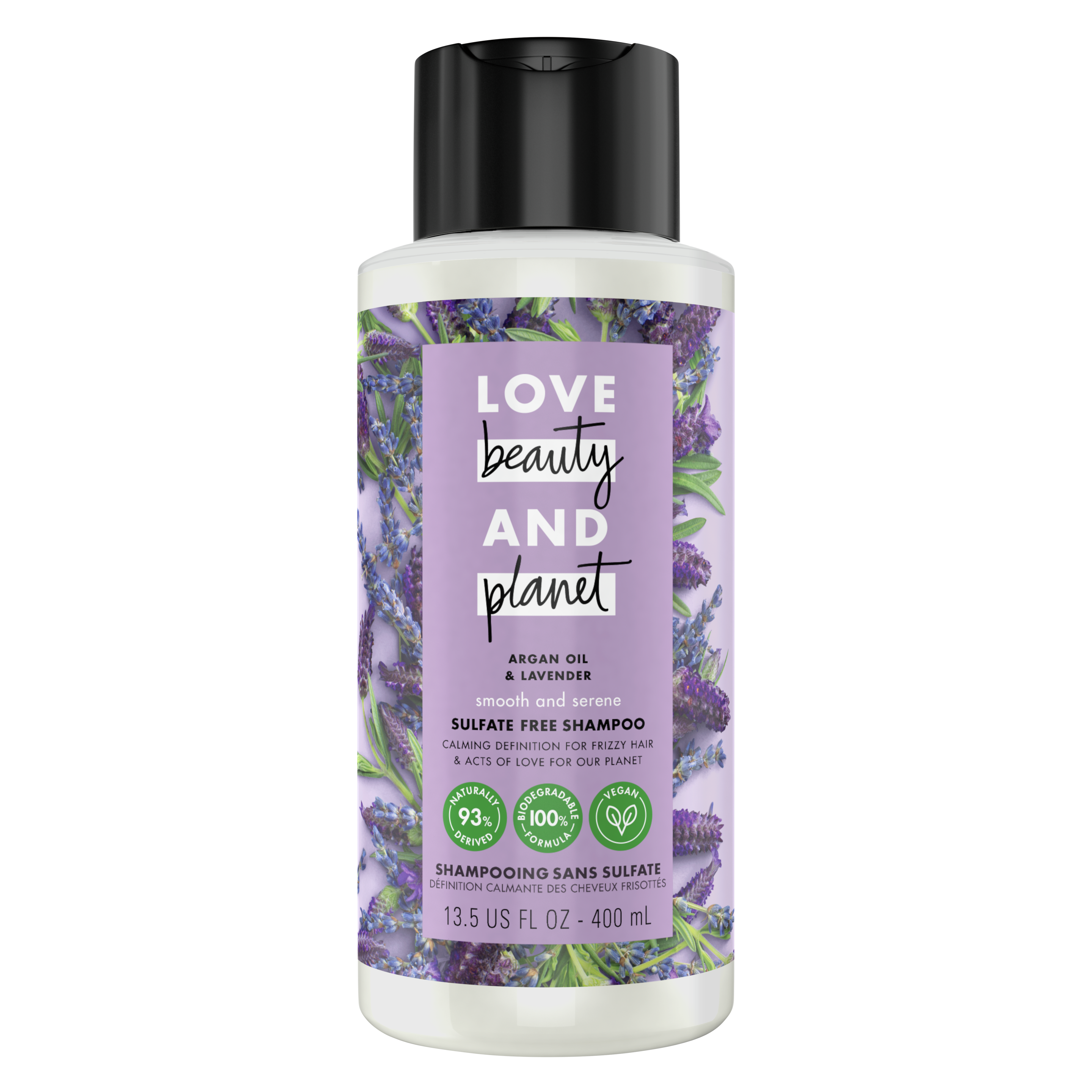 Front of shampoo pack Love Beauty Planet Sulfate Free Argan Oil & Lavender Shampoo Smooth & Serene 13.5oz with Ellen icon