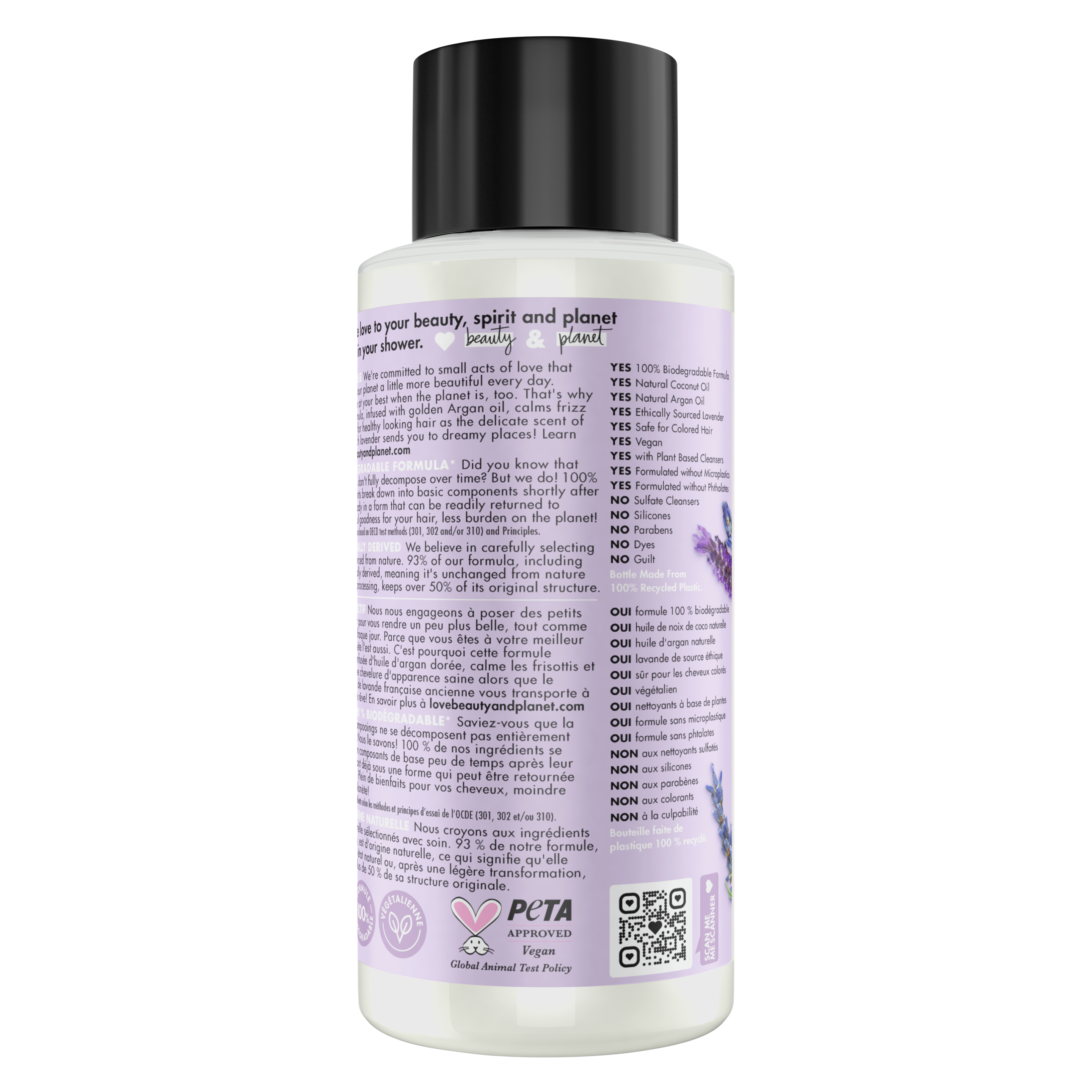 Back of shampoo pack Love Beauty Planet Sulfate Free Argan Oil & Lavender Shampoo Smooth & Serene 13.5oz