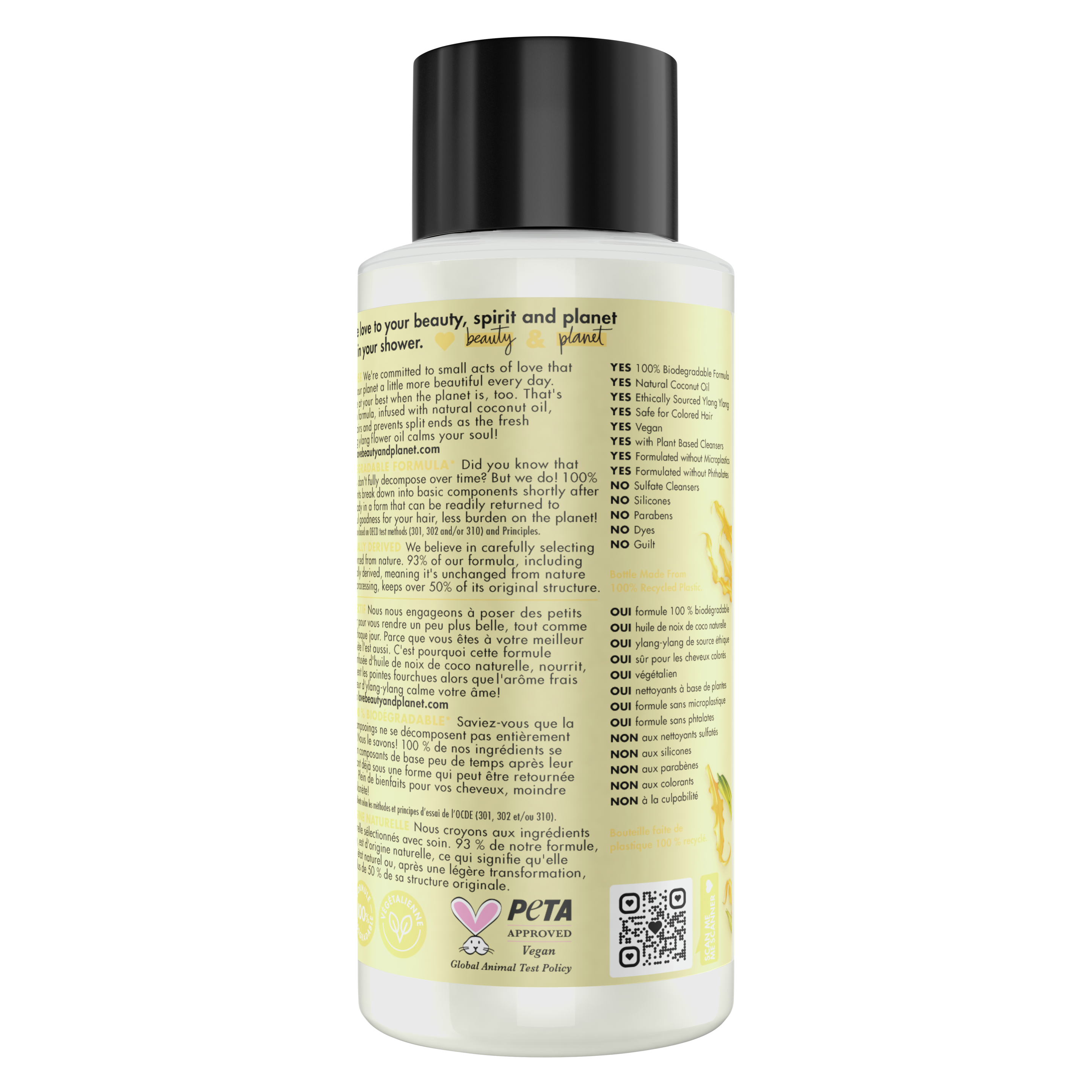 Back of shampoo pack Love Beauty Planet Sulfate Free Coconut Oil & Ylang Ylang Shampoo Hope and Repair 13.5oz