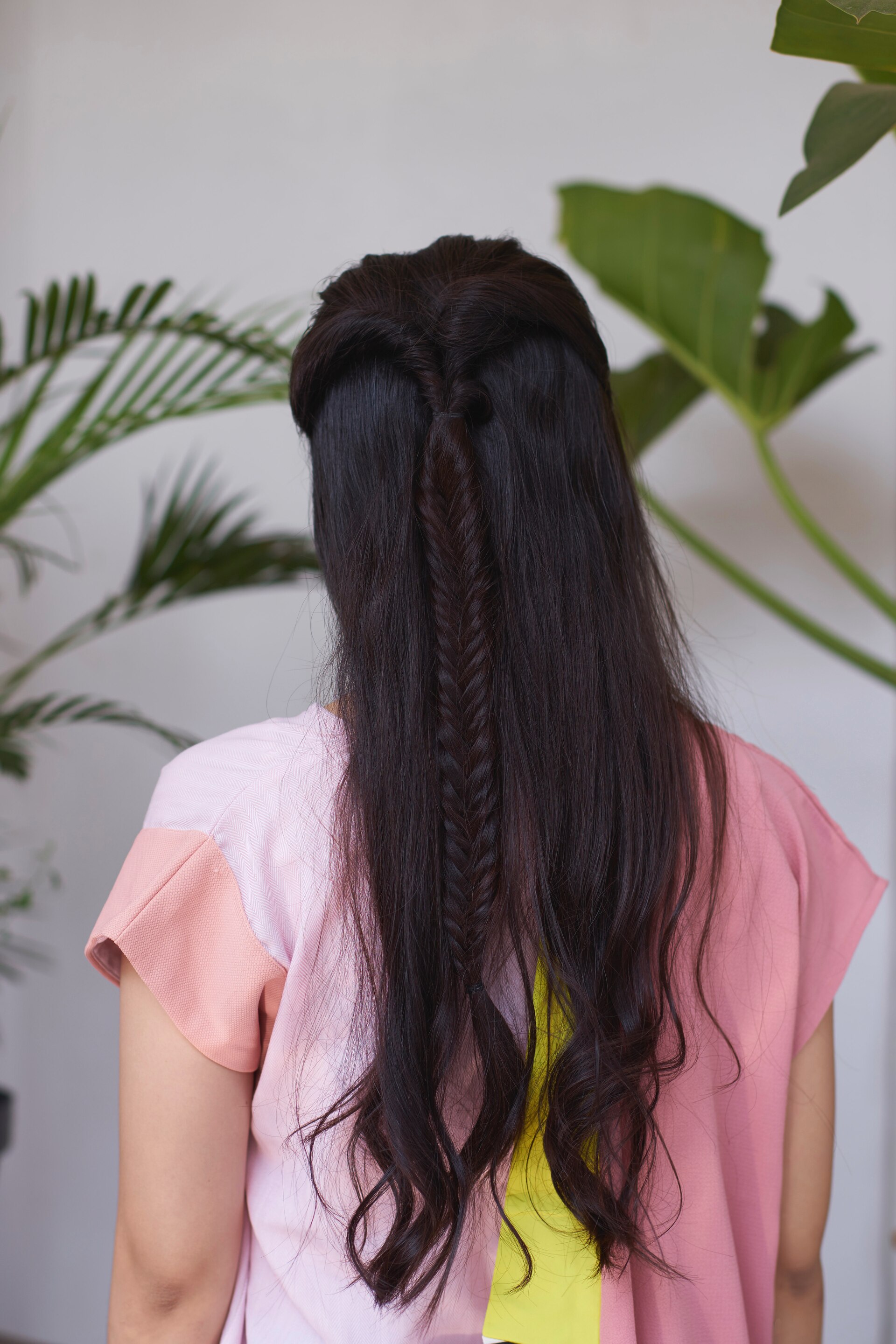 Half up half do long hair fishtail