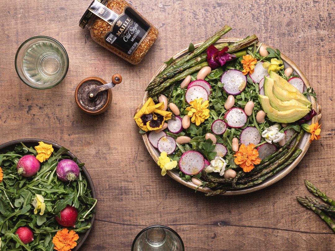Flower Salad with Asparagus and Maille tarragon Dressing