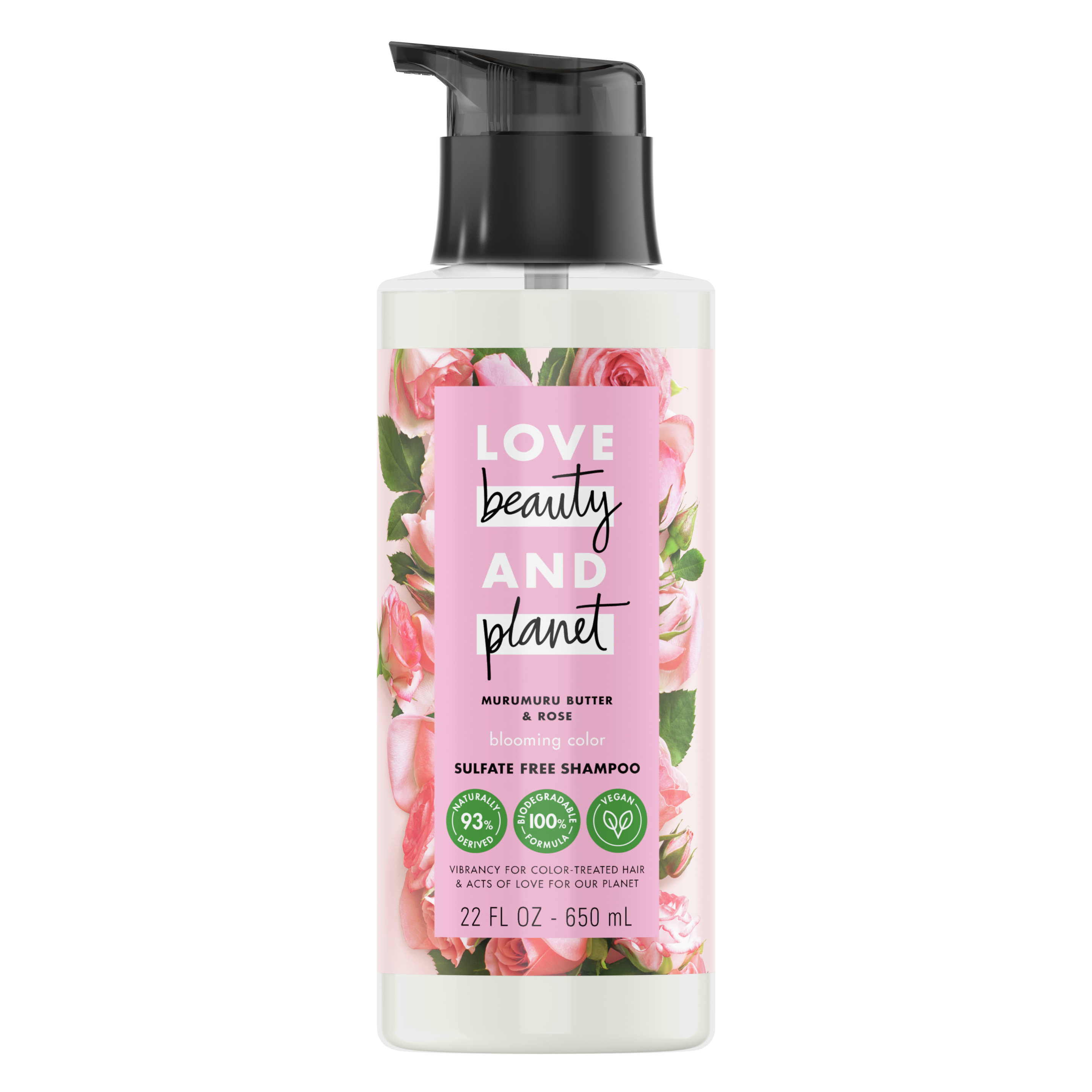 Front of shampoo pack Love Beauty Planet Murumuru Butter & Rose Oil Shampoo Blooming Color 22oz