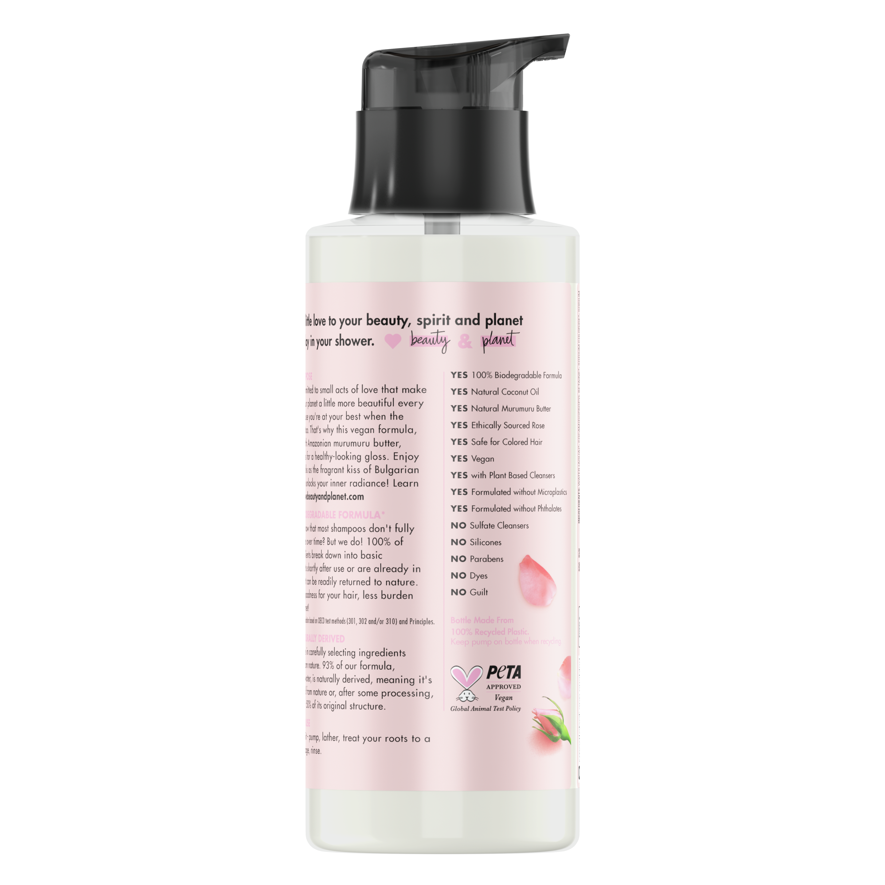 Back of shampoo pack Love Beauty Planet Murumuru Butter & Rose Oil Shampoo Blooming Color 22oz