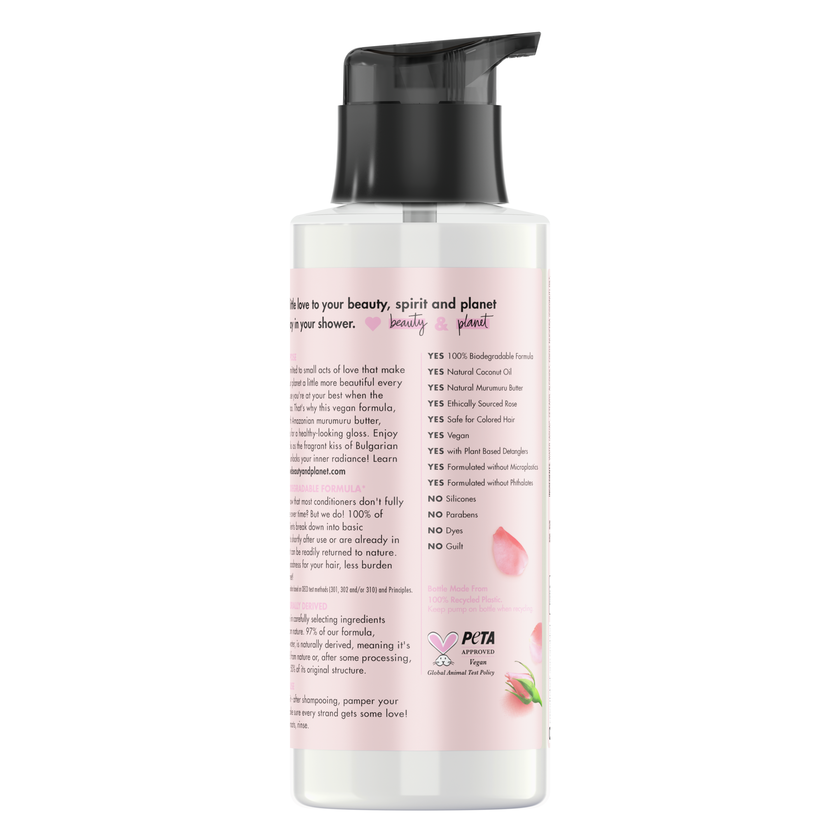 Back of conditioner pack Love Beauty Planet Murumuru Butter & Rose Oil Conditioner Blooming Color 22oz