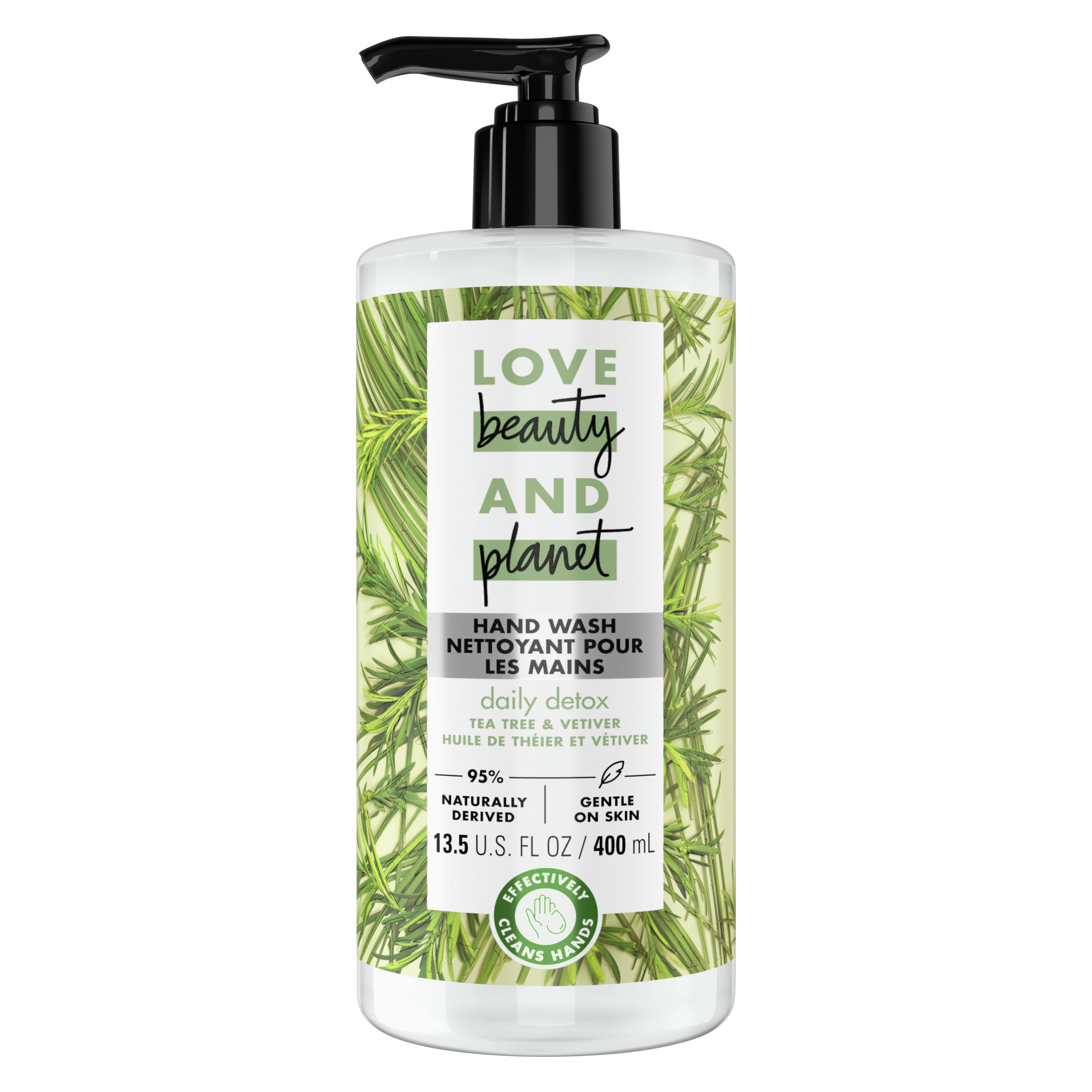 Front of liquid hand wash pack Love Beauty Planet Tea Tree & Vetiver Liquid Hand Wash 13.5oz