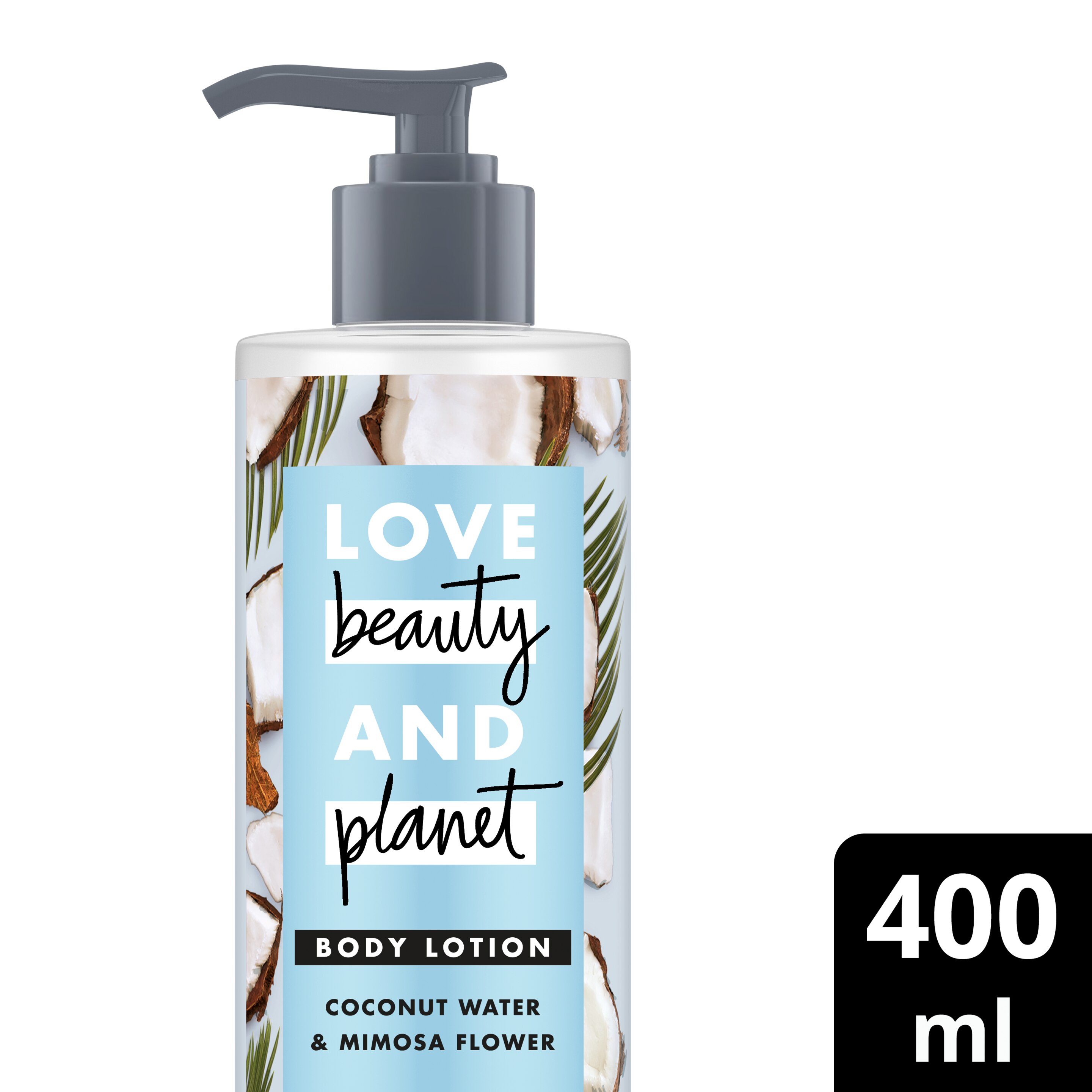 Voorkant bodylotionverpakking Love Beauty Planet kokoswater & mimosabloem bodylotion heerlijke hydratatie 400 ml Text