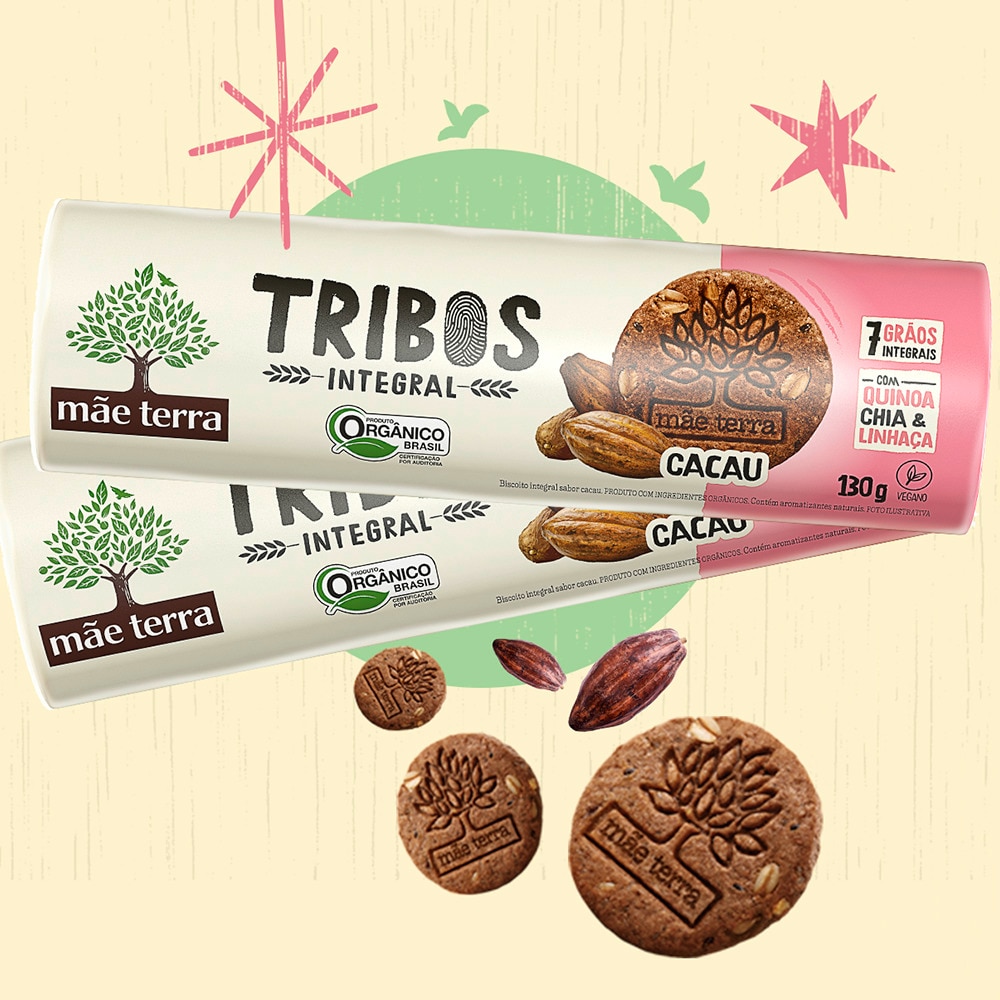 Embalagem do biscoito Tribos Mãe Terra 7 Grãos Integrais sabor cacau com quinoa, chia e linhaça