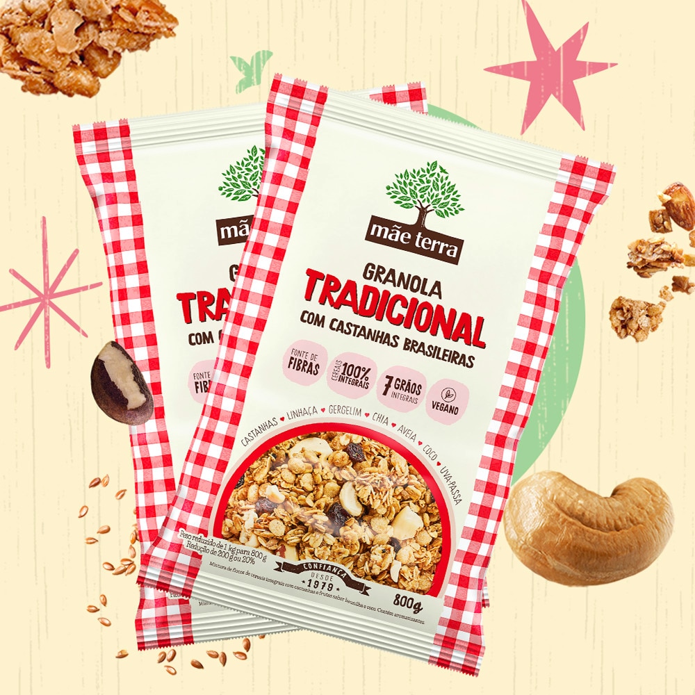 Embalagem da granola tradicional Mãe Terra 7 Grãos Integrais com castanhas brasileiras