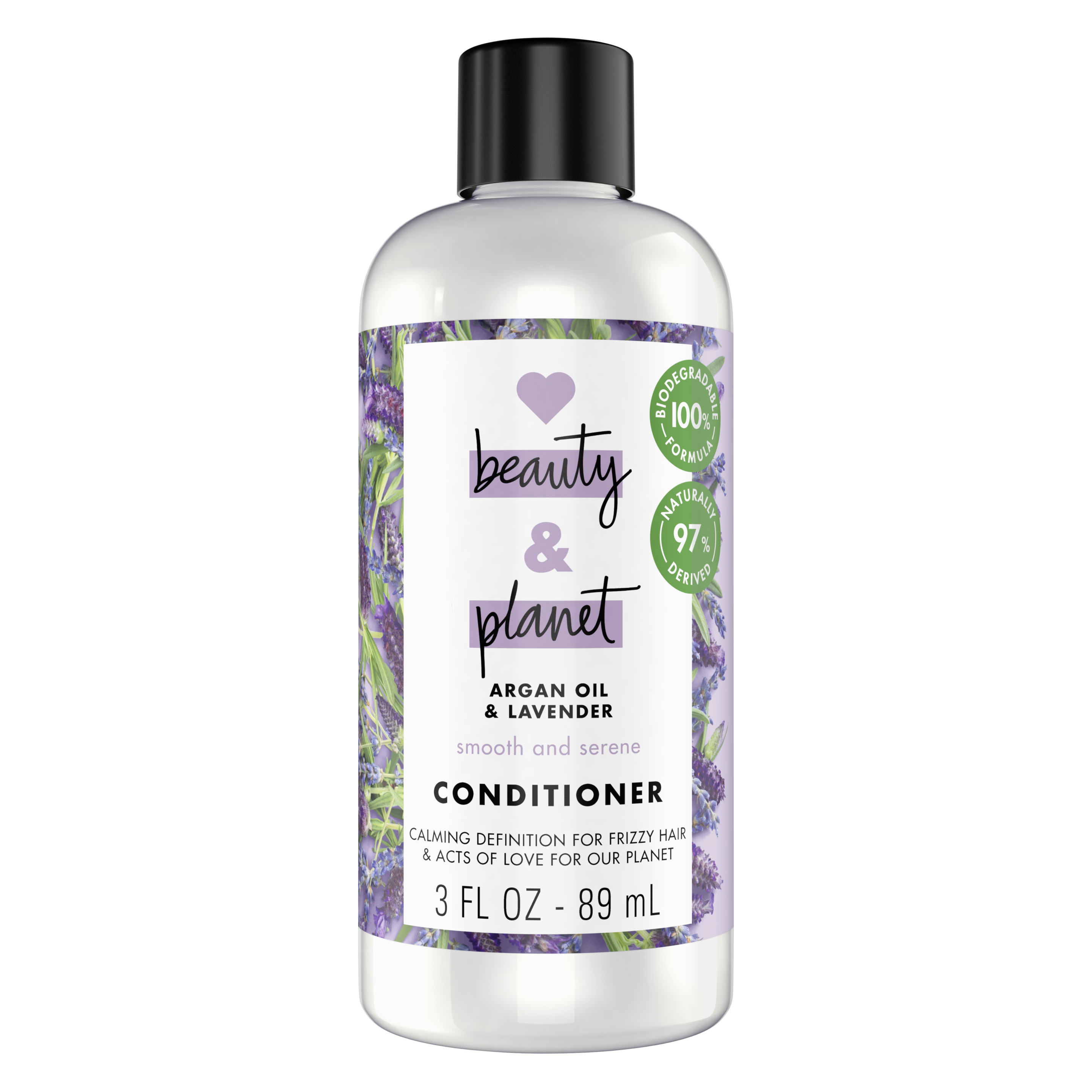 Front of conditioner pack Love Beauty Planet Argan Oil & Lavender Conditioner Smooth & Serene 3oz