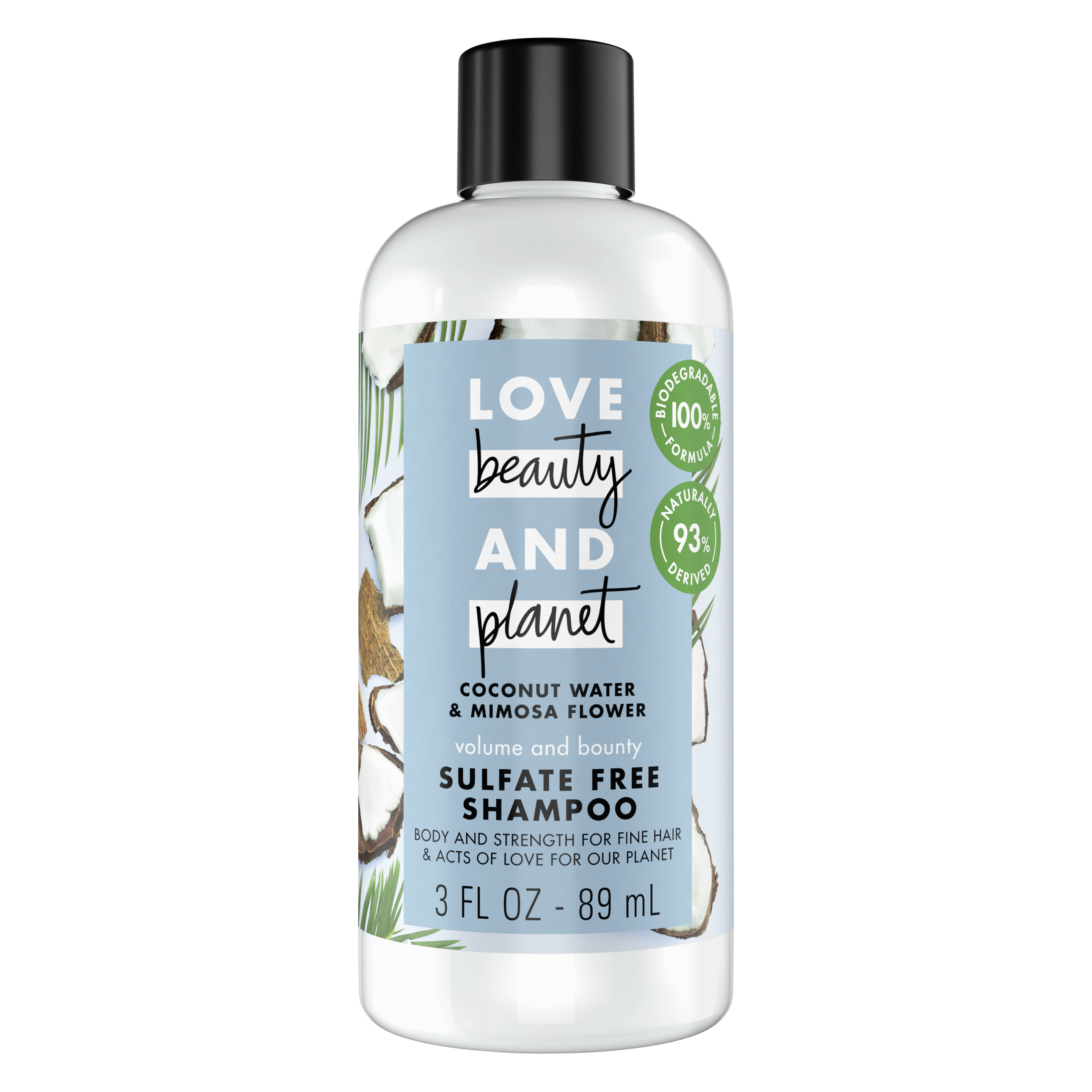 Front of shampoo pack Love Beauty Planet Sulfate Free Coconut Water & Mimosa Flower Shampoo Volume & Bounty 3oz