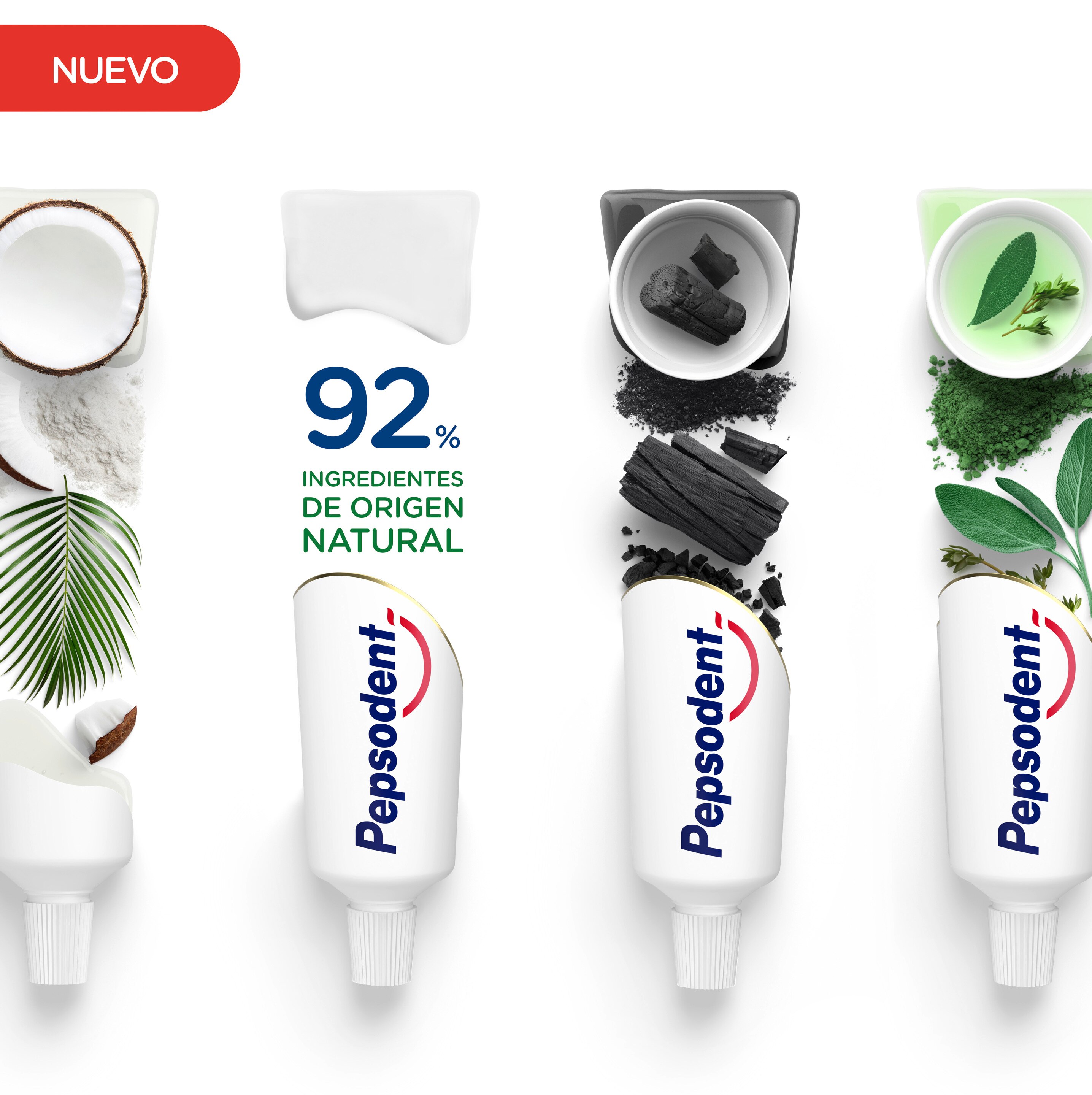 4 tubos verticales de pasta dental mostrando los ingredientes naturales y con la frase 92% ingredientes de origen natural 