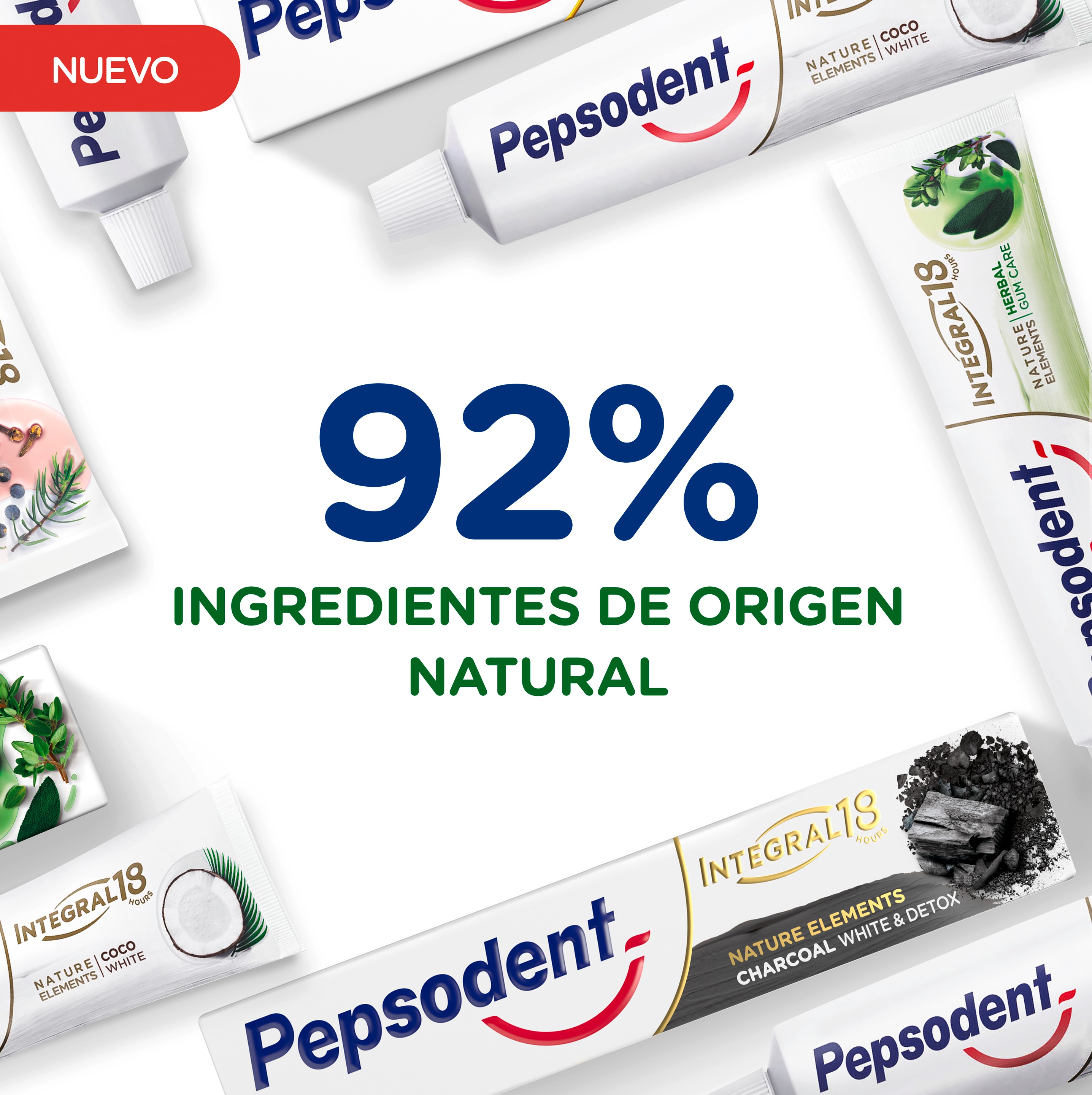 Variedades de pastas dentales alrededor del texto 92% Ingredientes de Origen natural 