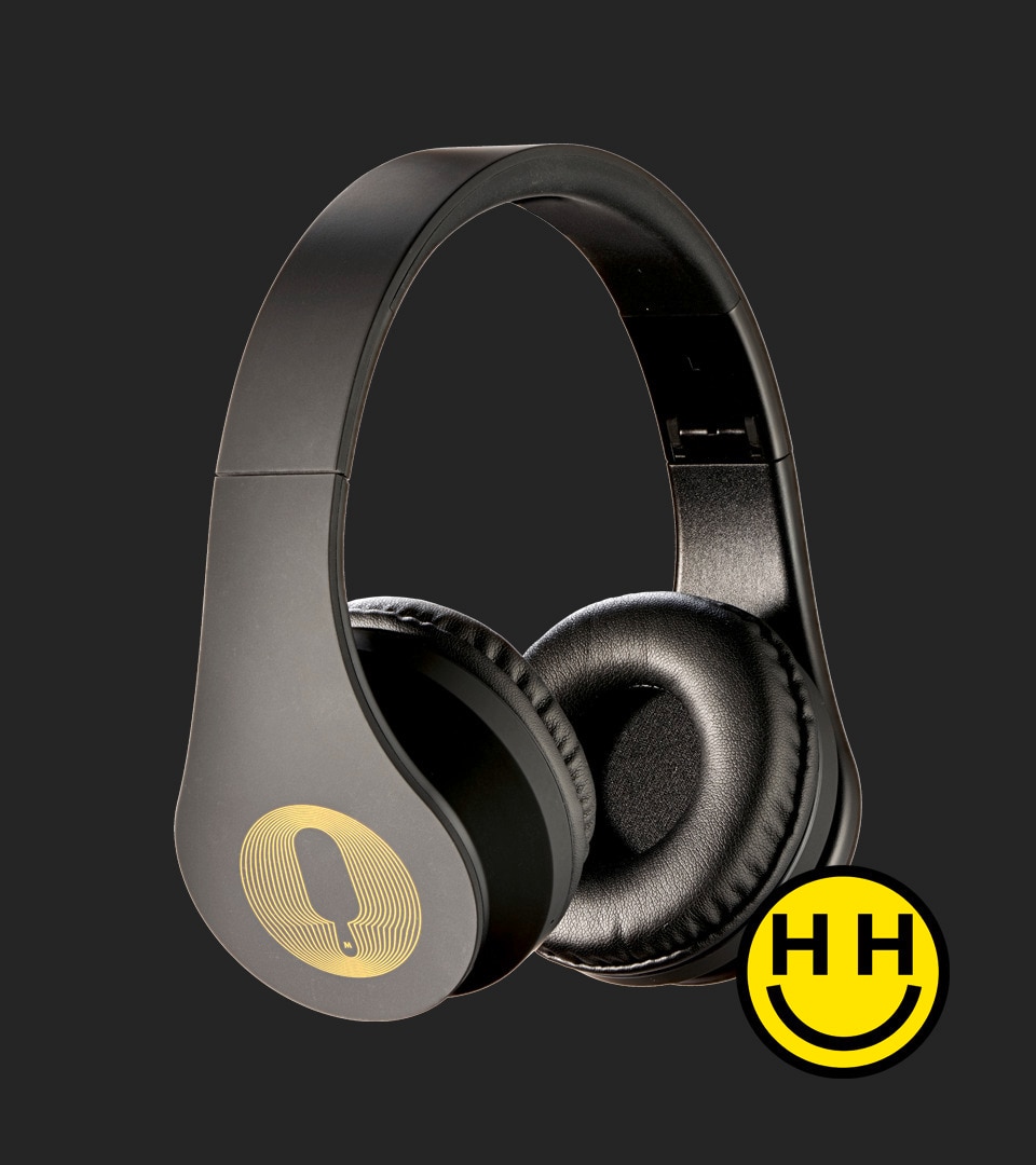 Limited Edition Magnum Bluetooth headphones with Happy Hippie Foundation logo