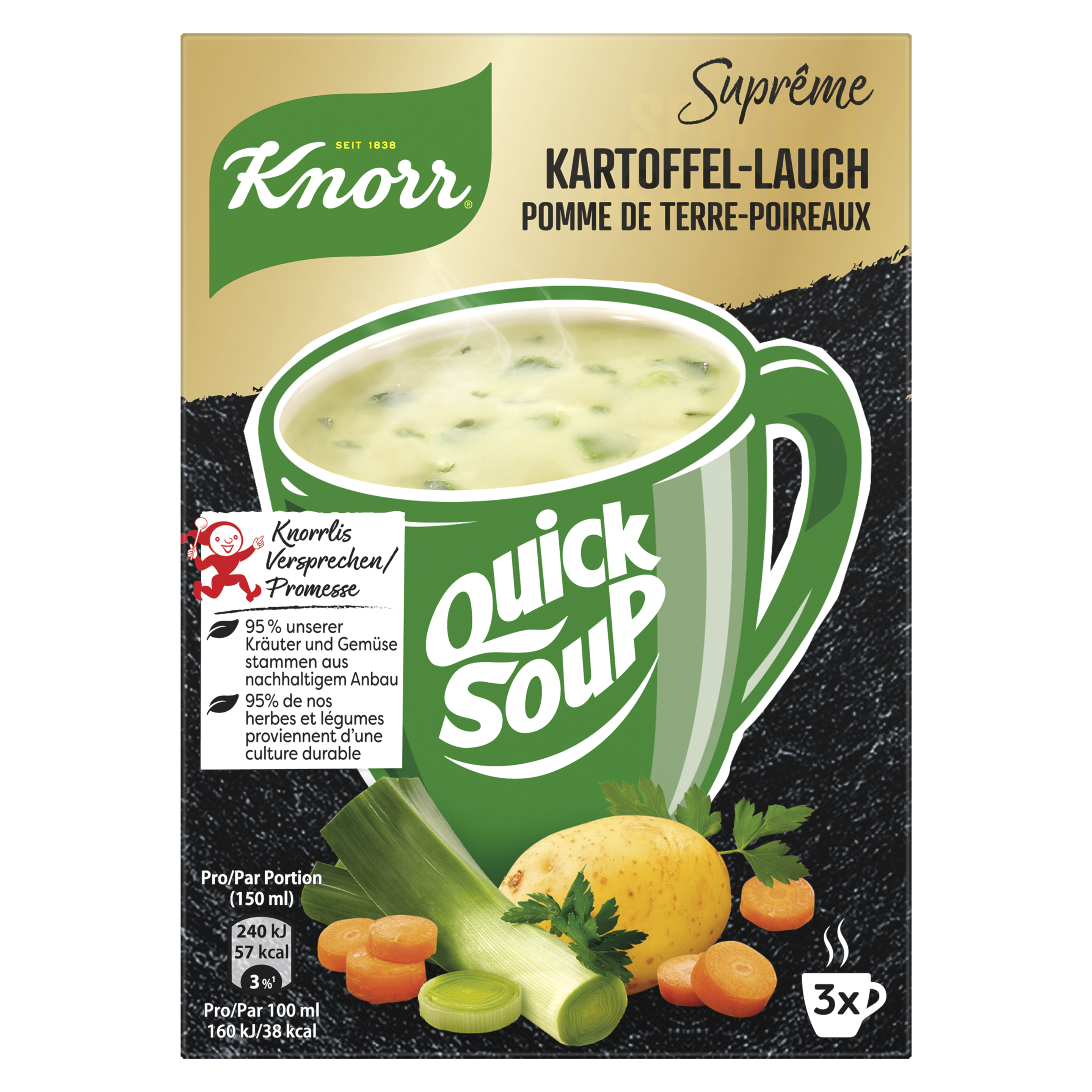 KNORR Suprême Quick Soup Kartoffel-Lauch Packung 3 x 1 Portion