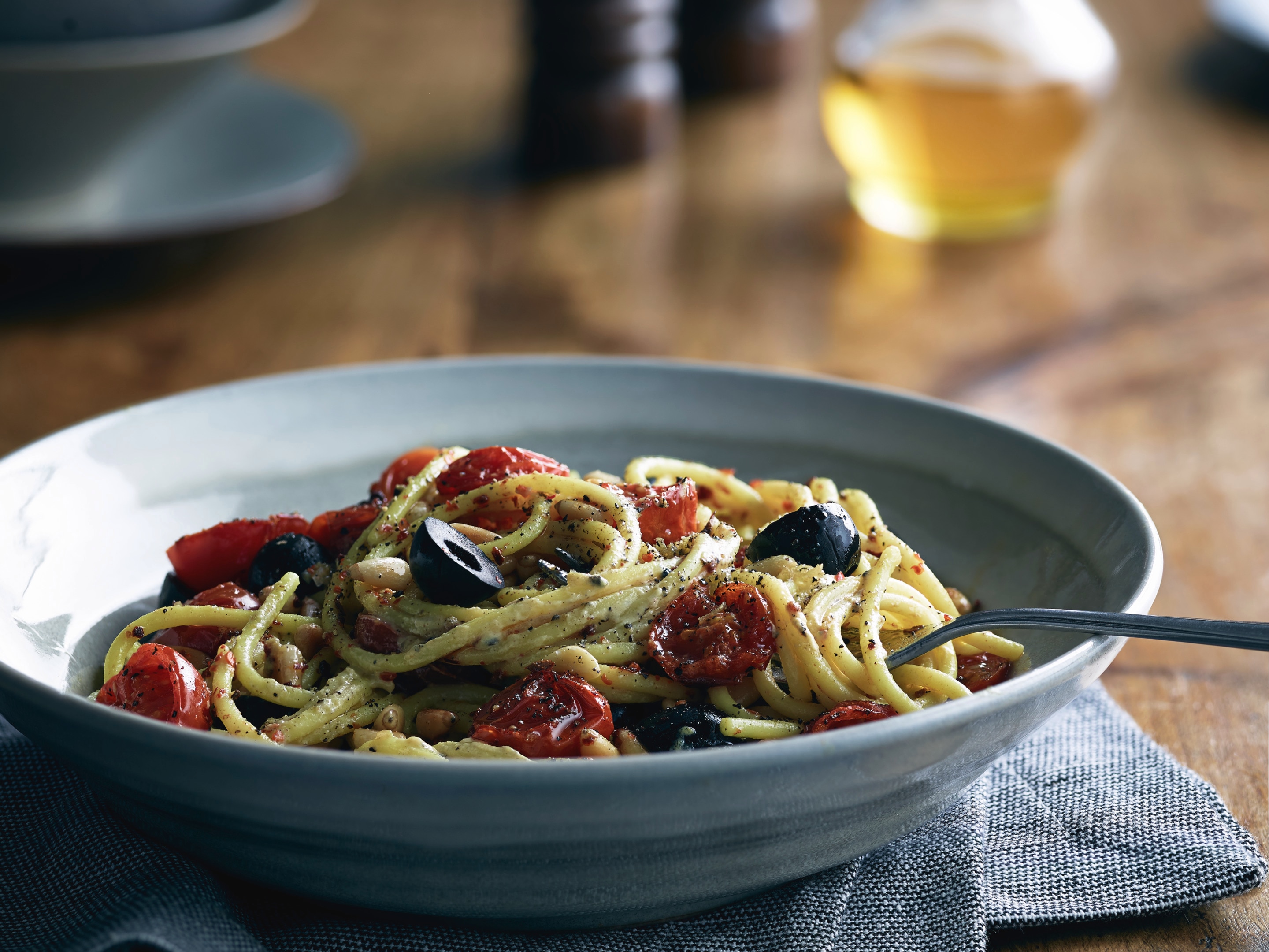 Spaghetti with black olive, cherry tomato and Black Truffle and Chablis Mustard