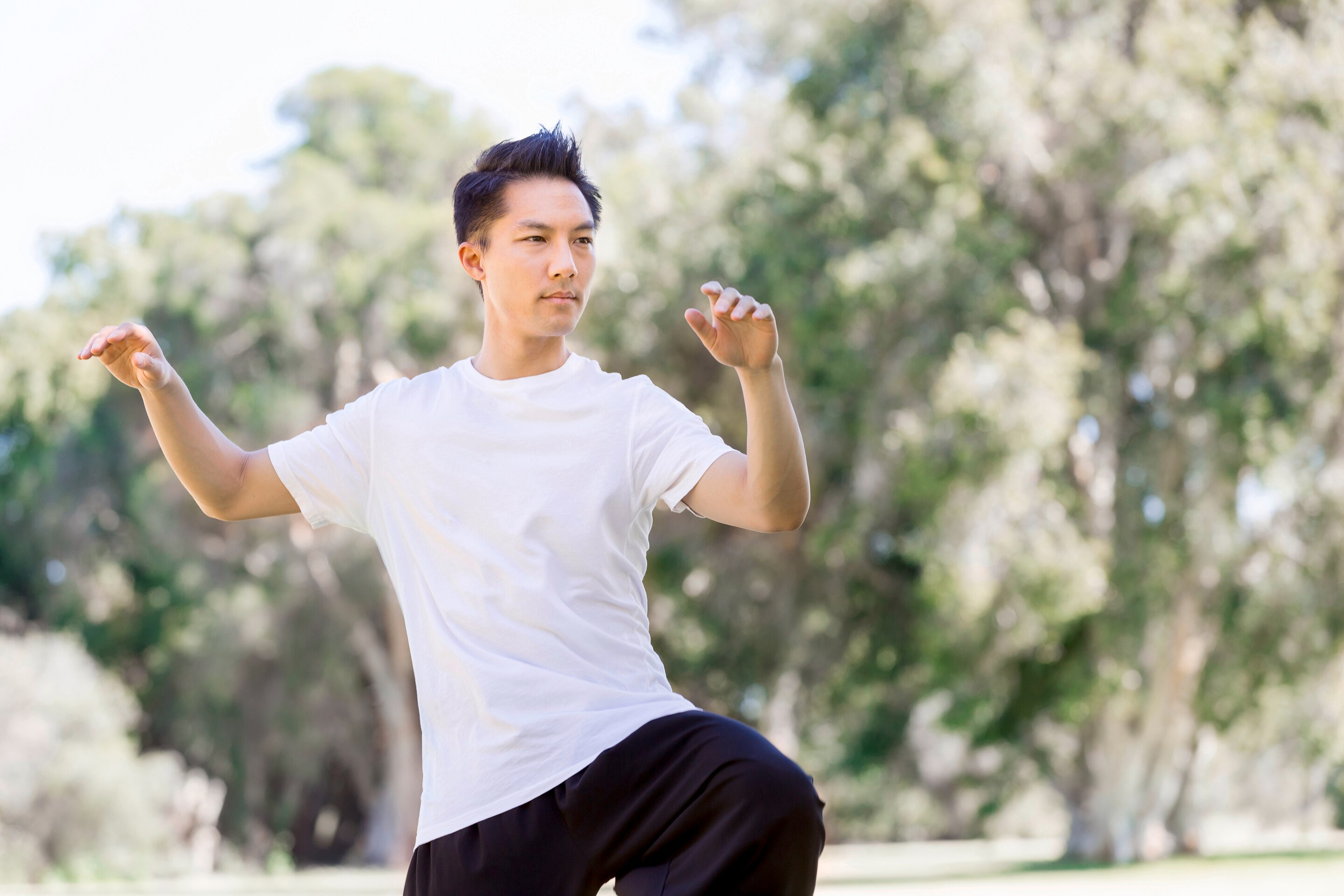 Asian man in white shirt practicing tai chi in the park.