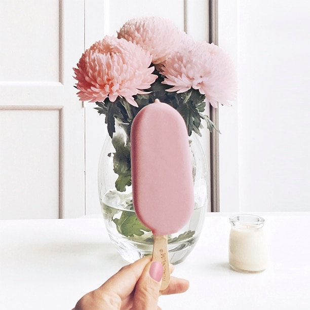 แท่งไอศกรีมแม็กนั่มเคลือบช็อกโกแลตสีชมพูหน้าแจกันดอกไม้สีชมพู