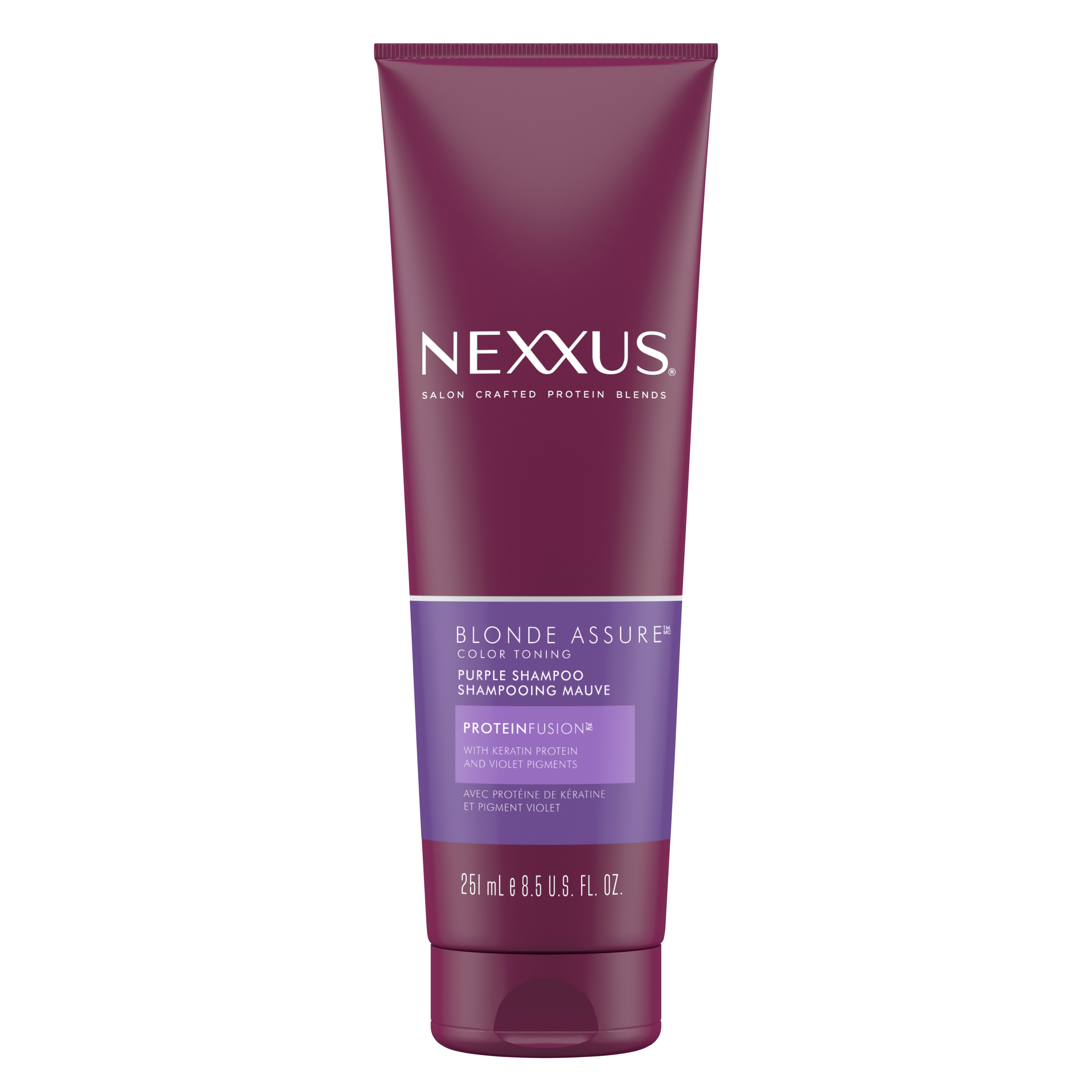 Face de l'emballage du shampoing blonde assure de Nexxus pour raviver les nuances de violet 250 ml