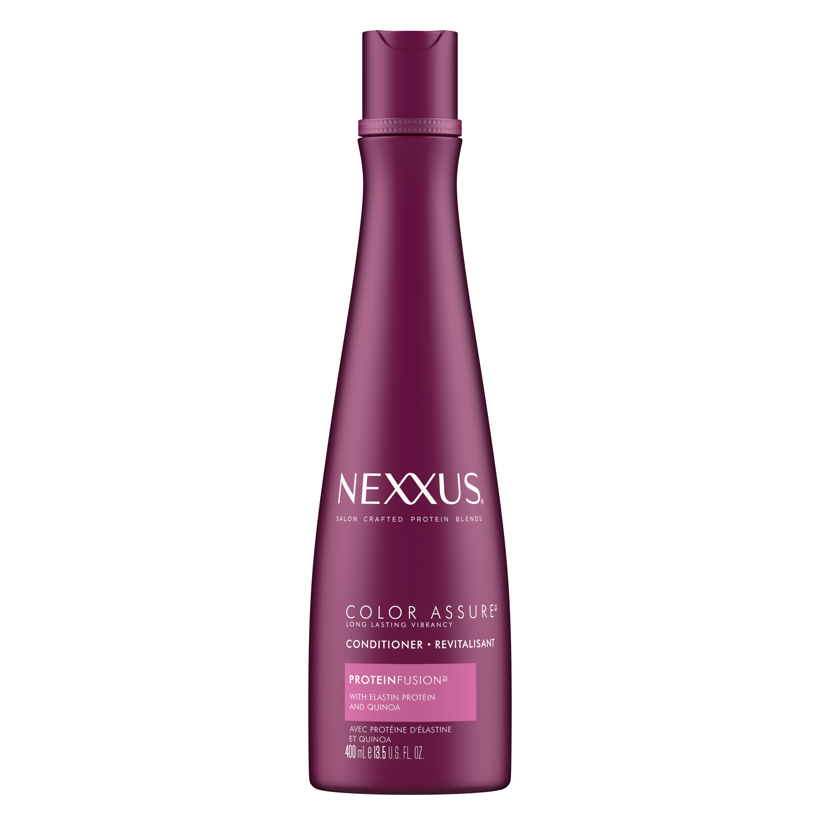Face de l'emballage du revitalisant color assure pour cheveux colorés de Nexxus 400 ml
