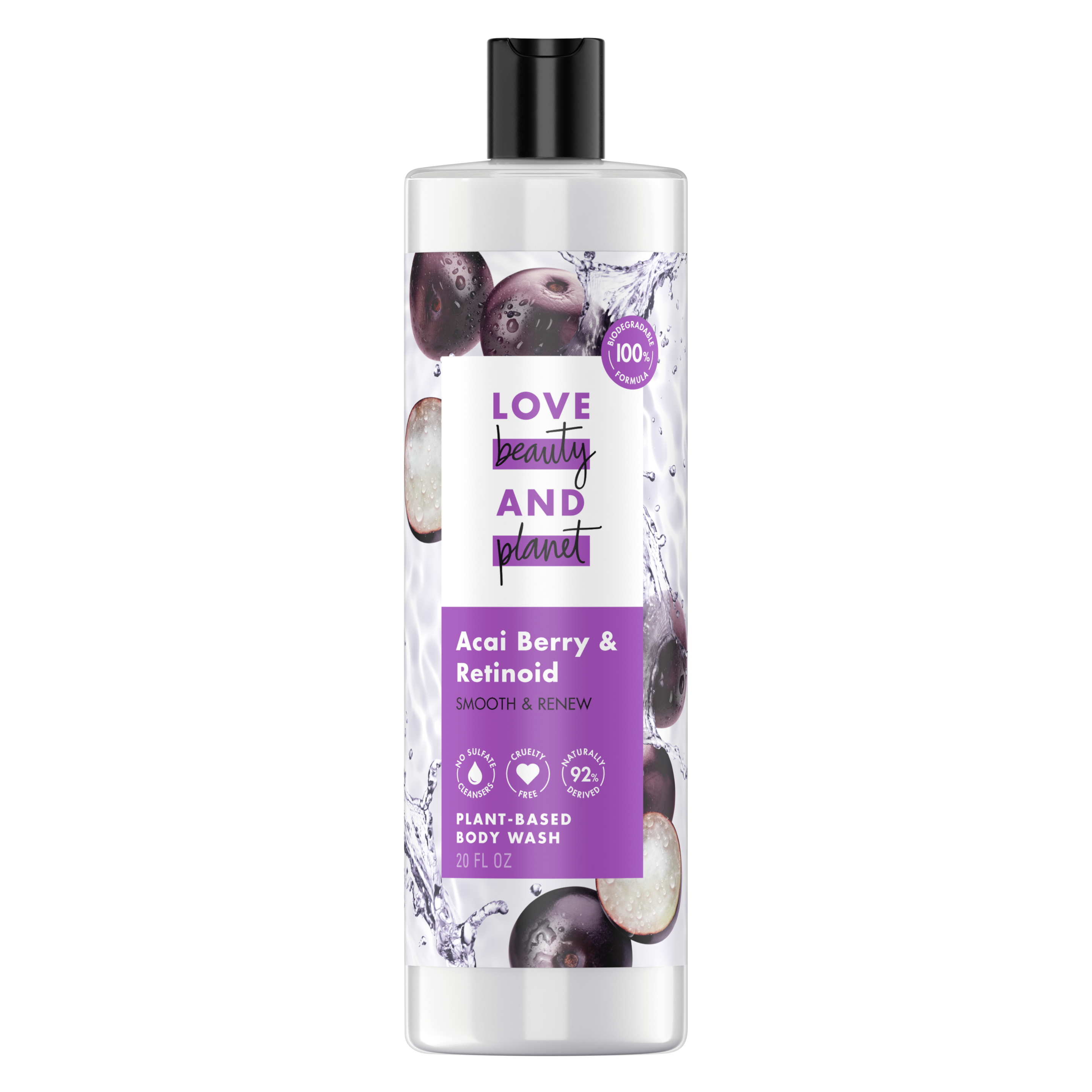 Front of body wash Love Beauty Planet Acai Berry & Retinoid Body Wash