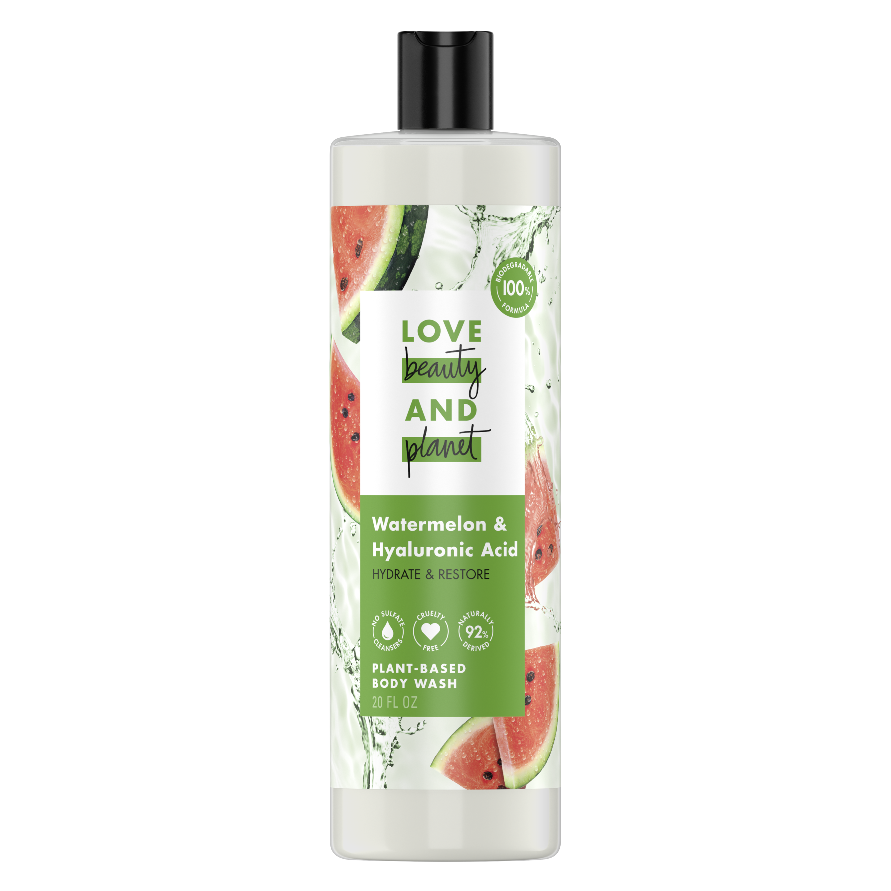 Front of body wash Love Beauty Planet Watermelon & Hyaluronic Acid Body Wash