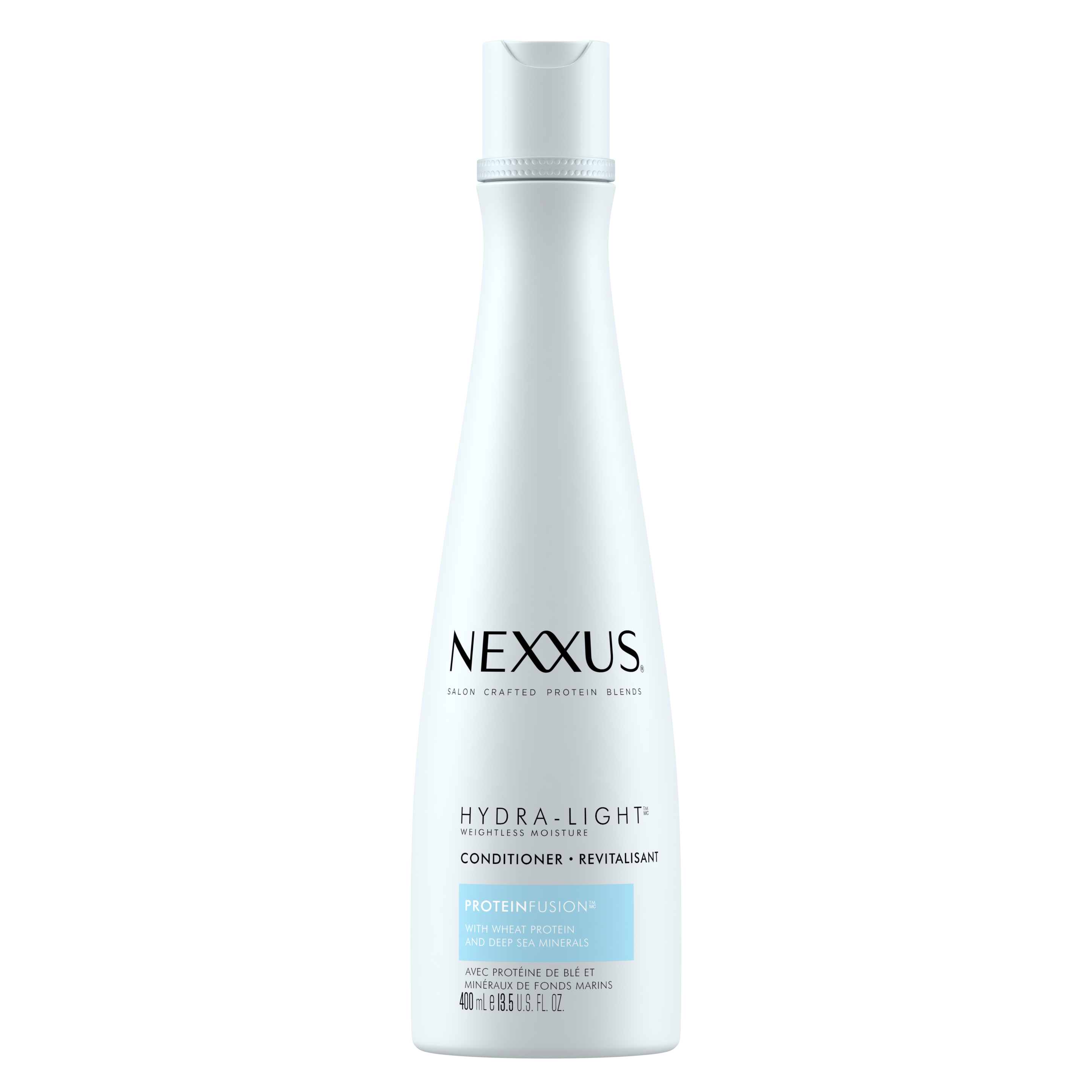 Face de l'emballage du revitalisant hydratant Hydra-Light pour cheveux gras de Nexxus 400 ml