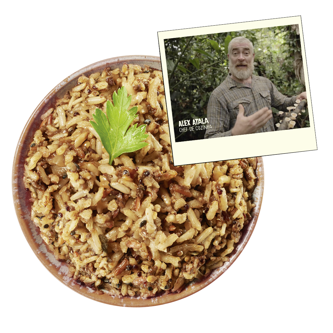 Foto de um Ritto com cogumelo Yanomami preparado e decorado, junto de uma foto de Aléx Atala