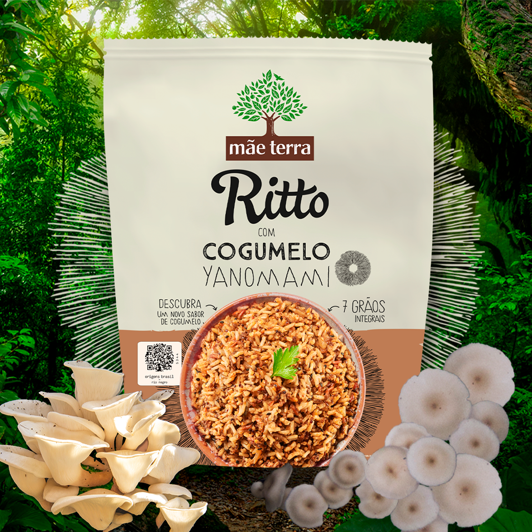 imagem promocional do produto Ritto cogumelo Yanomami com fundo de floresta