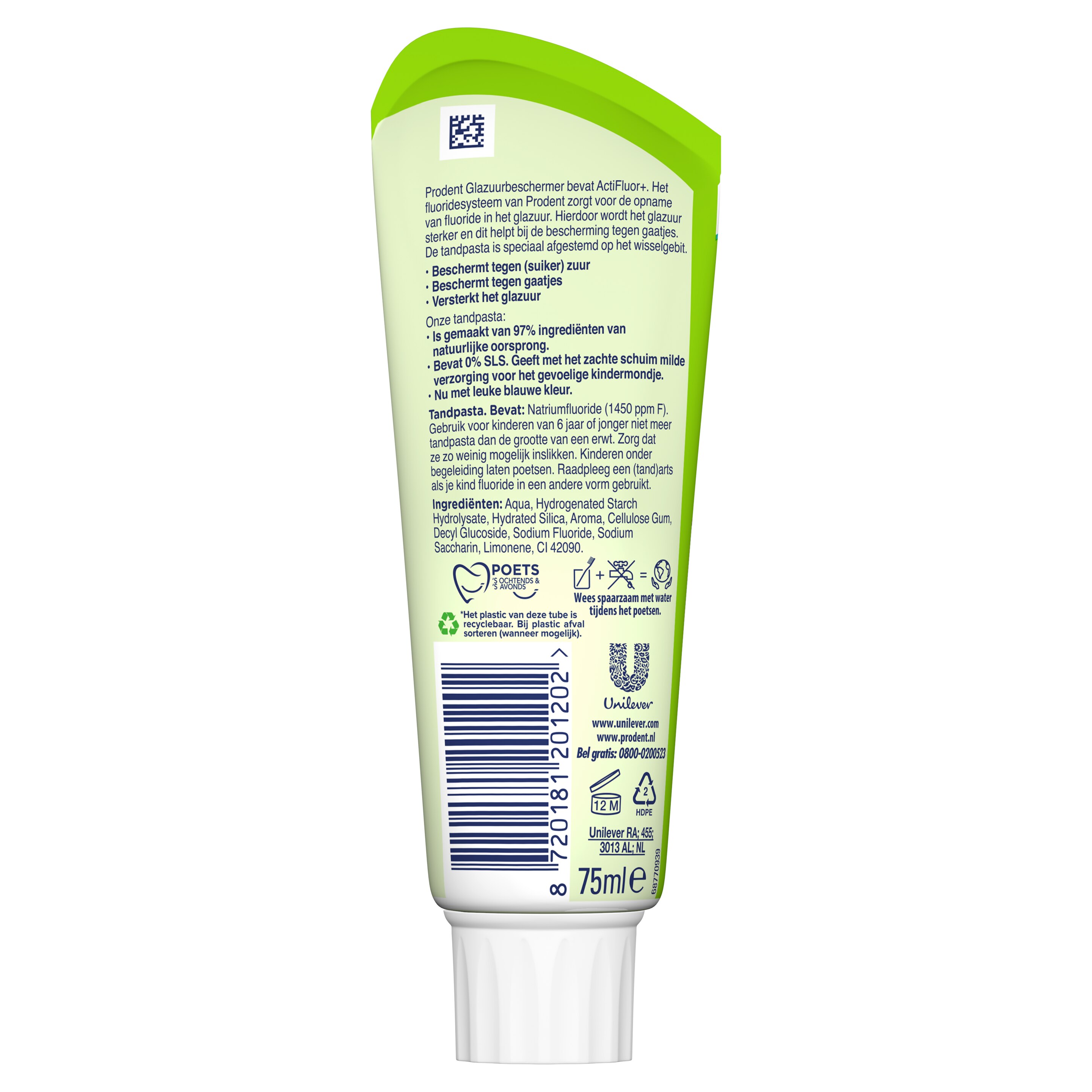 Prodent Tandpasta Kids Glazuurbeschermer 75 ml  - Achterkant tube