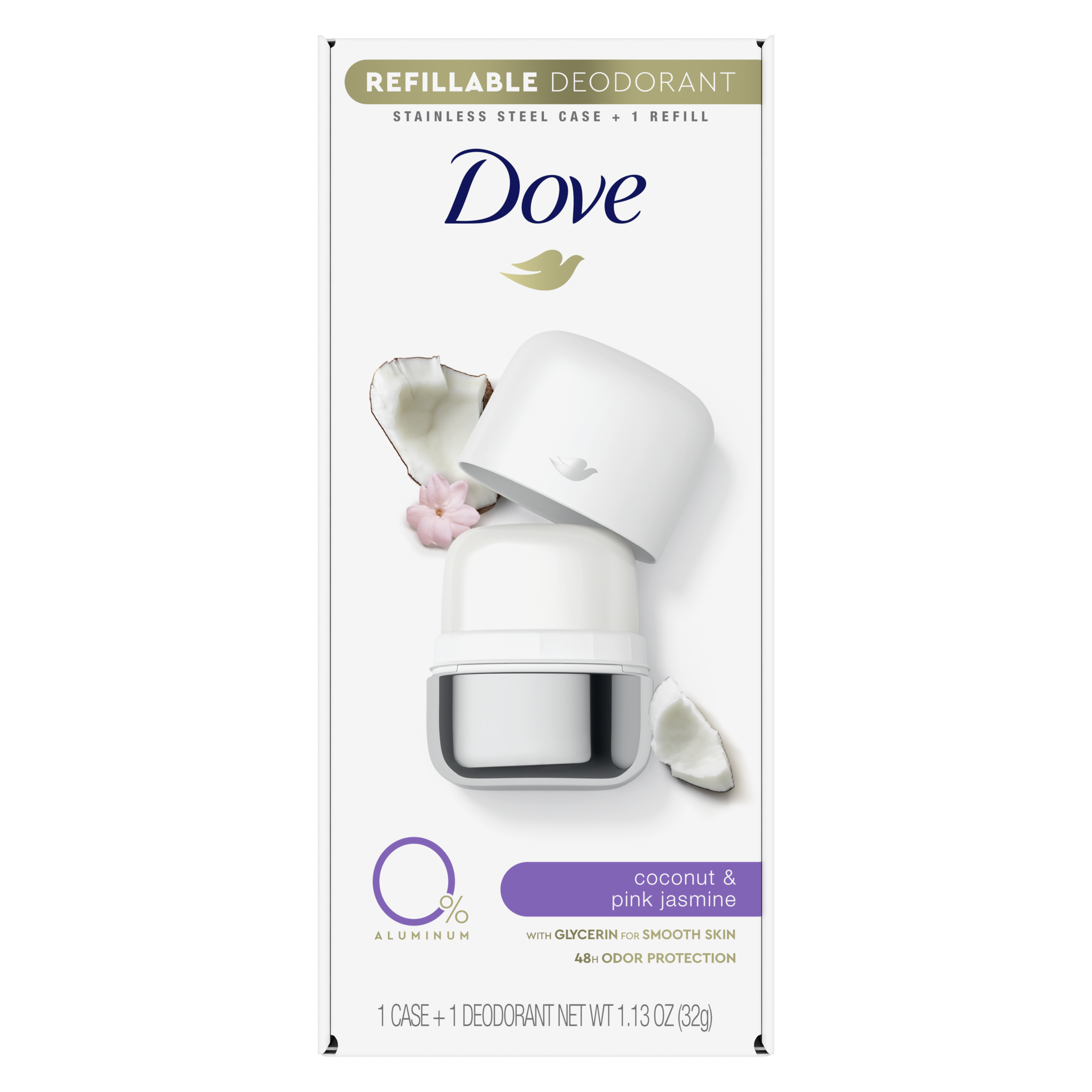 Dove Refillable Deodorant 0% Aluminum Coconut & Pink Jasmine Starter Kit