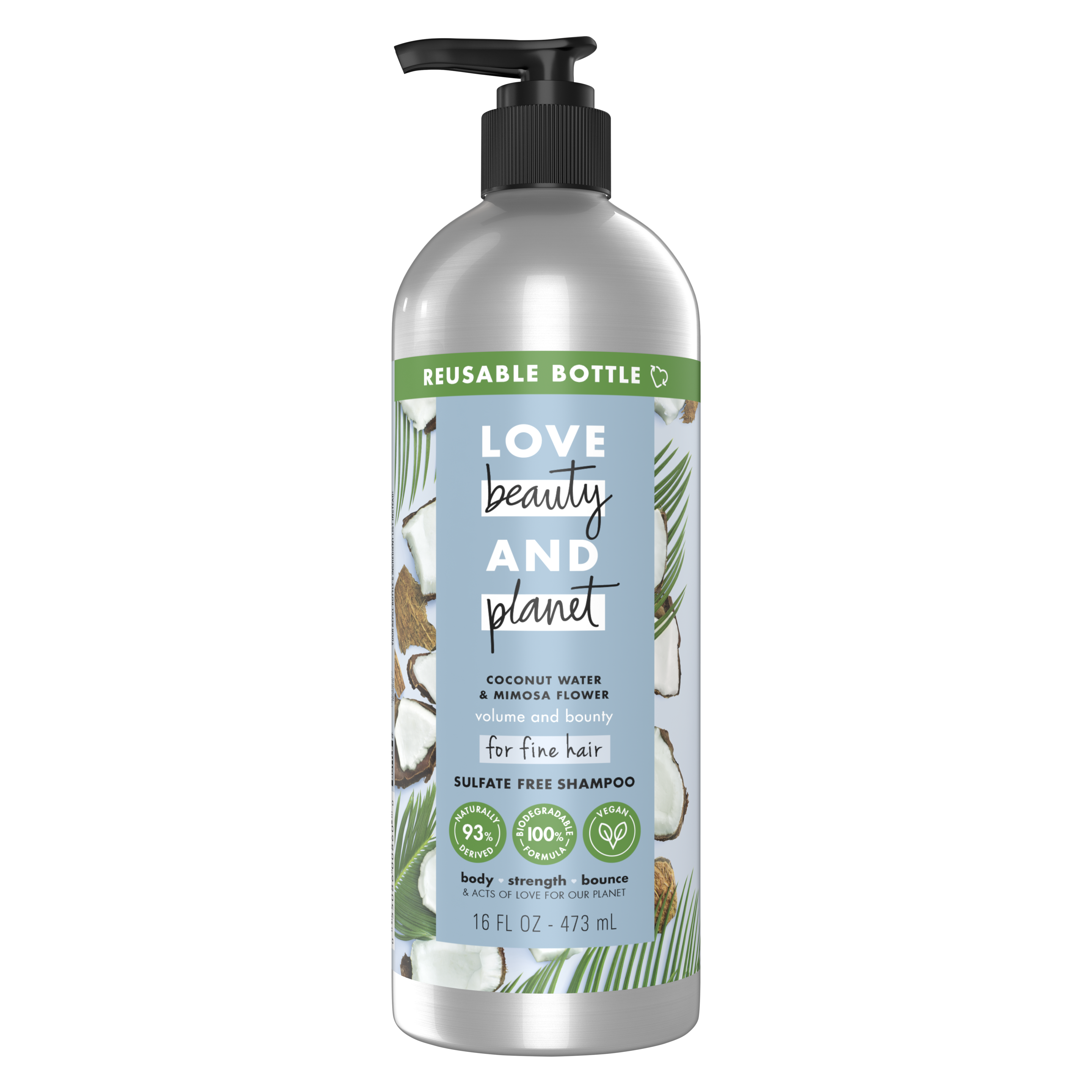 sulfate-free coconut water & mimosa flower shampoo reusable bottle
