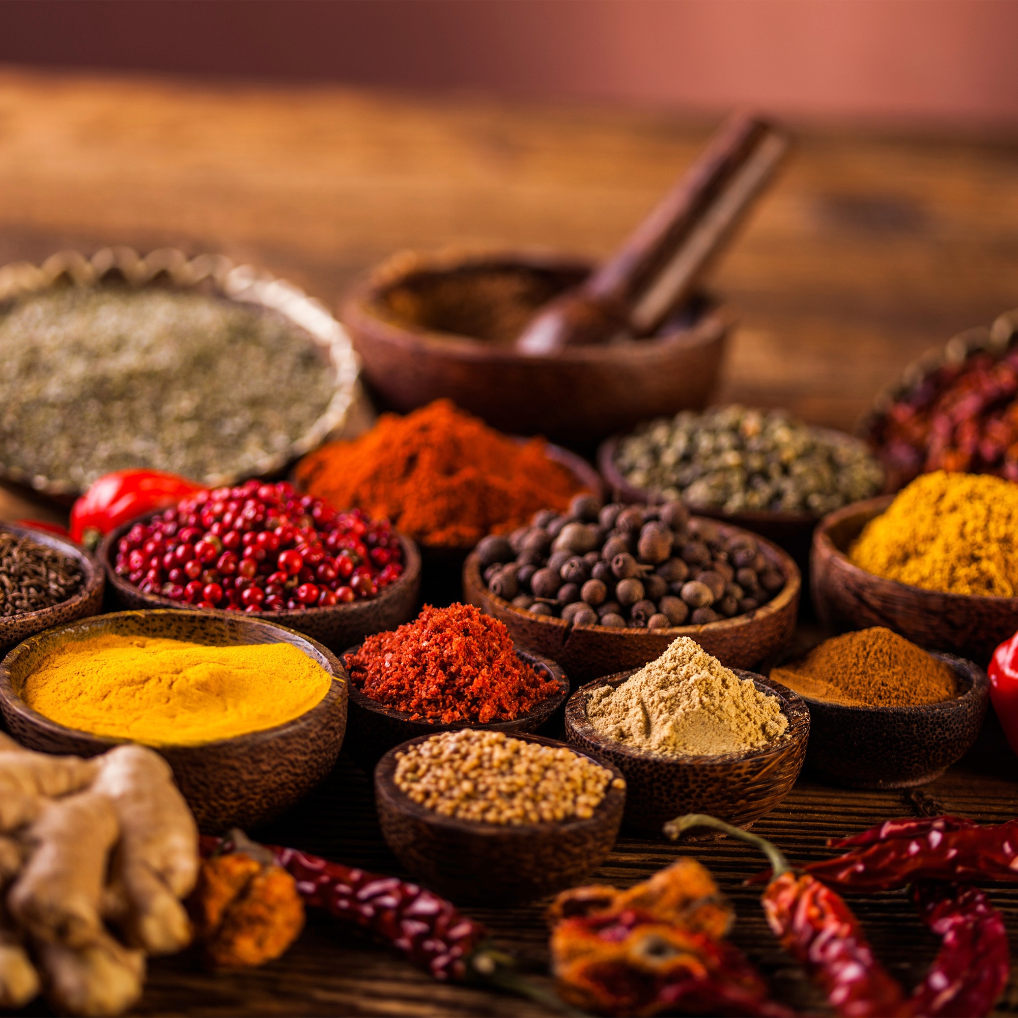 Different spices on a table.