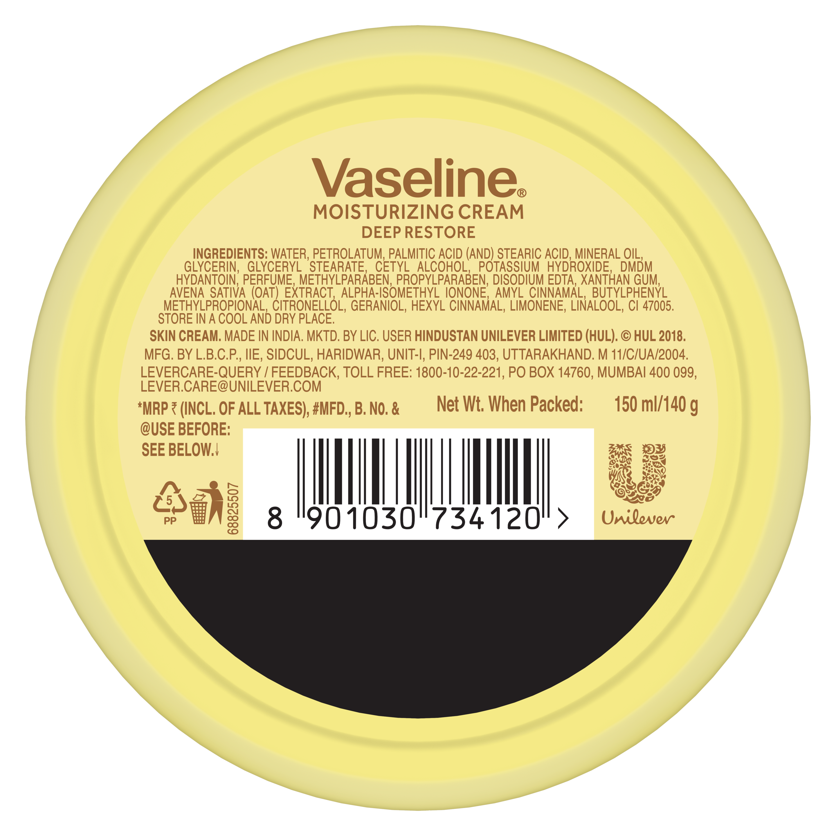 Vaseline Intensive Care Deep Restore Body Cream 150ML back of pack