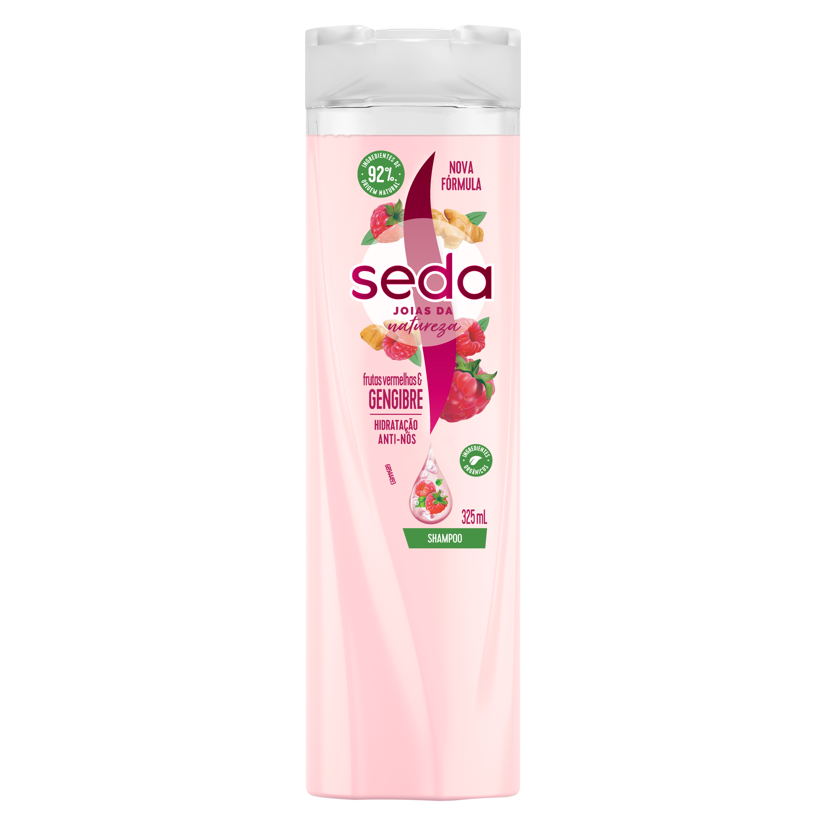 Uma imagem frontal da embalagem de Shampoo Seda Jóias da Natureza Frutas Vermelhas e Gengibre 325ml