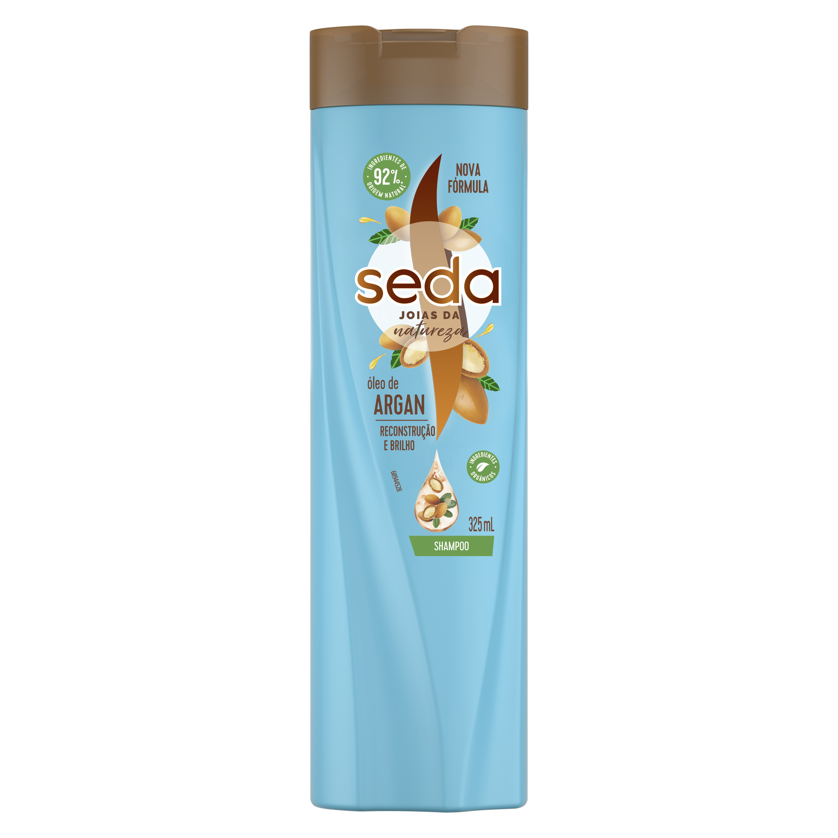 Uma imagem frontal da embalagem de Shampoo Seda Jóias da Natureza Argan Reconstrução 325ml