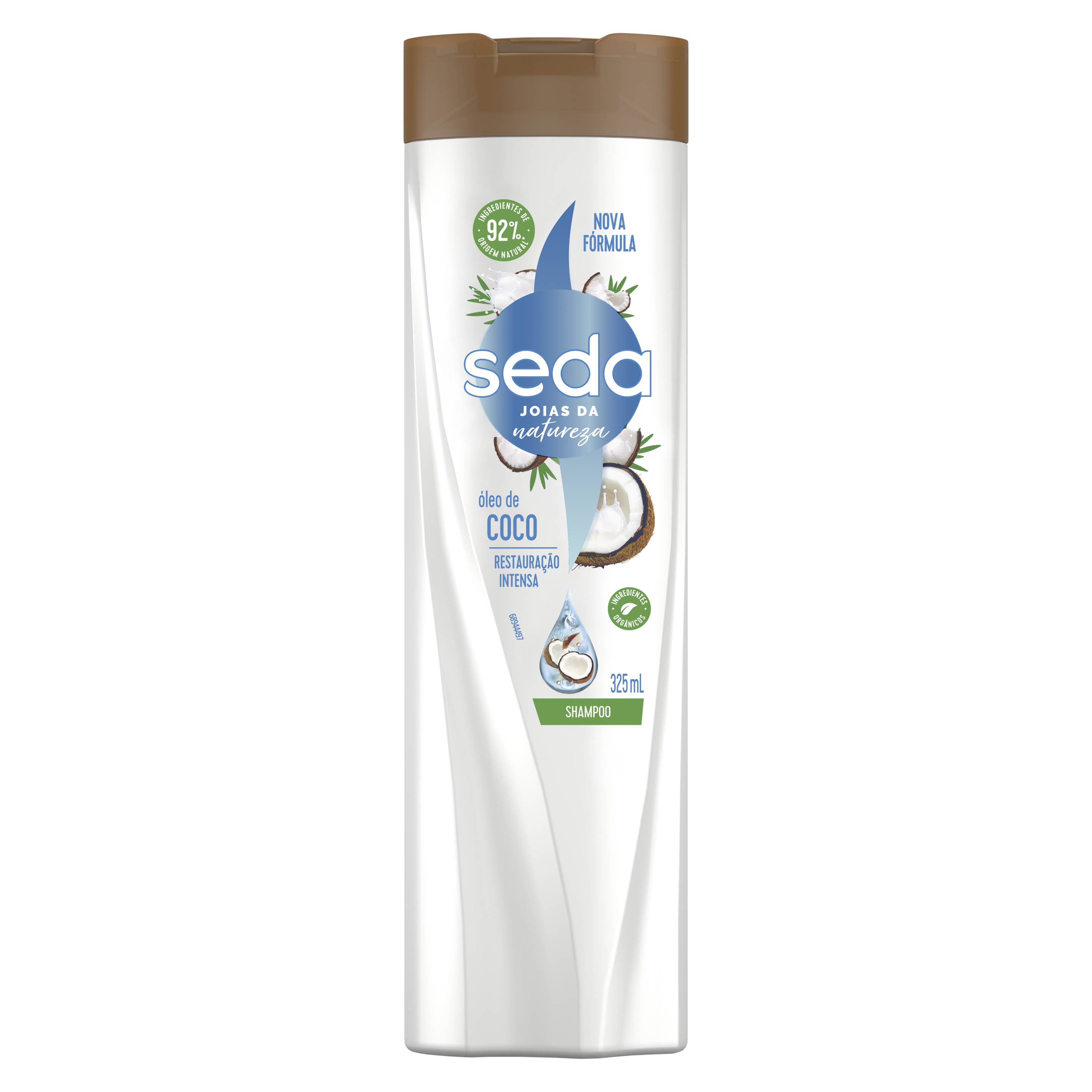 Uma imagem frontal da embalagem de Shampoo Seda Jóias da Natureza Coco Restauração 325ml