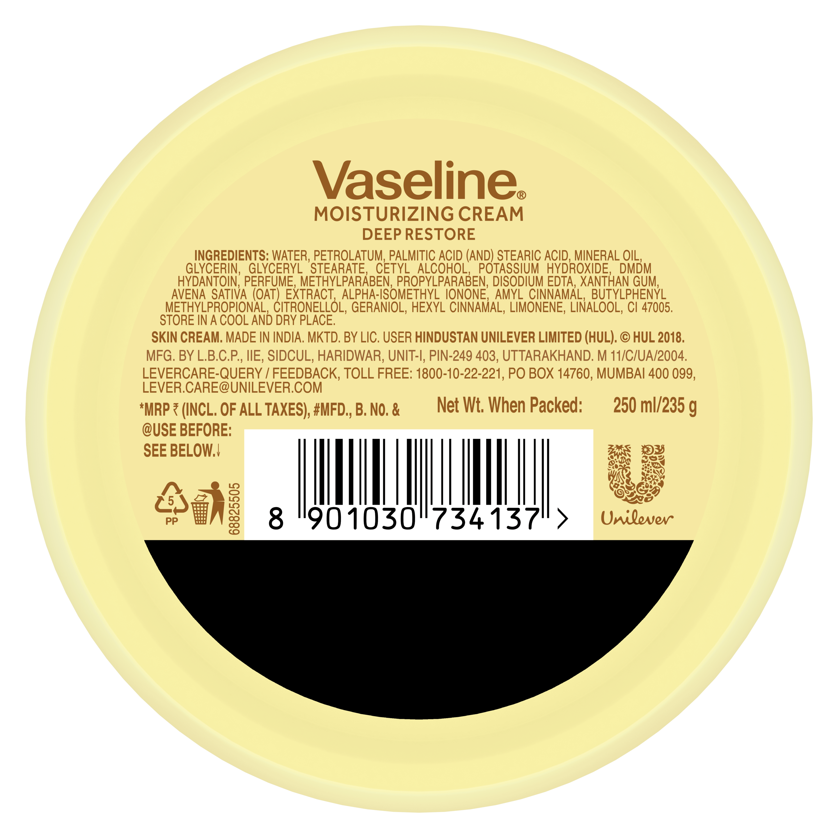 Vaseline Intensive Care Deep Restore Body Cream 250ML back of pack