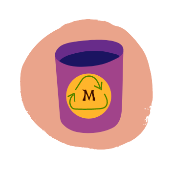 Illustration of a purple recycling bin with a sticker of a Magnum 'M' inside a recycling sign, on top of a peach coloured circle