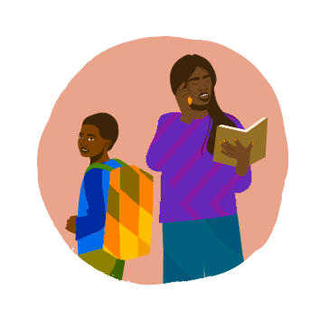 Illustration of a woman cocoa farmer speaking on her phone whilst holding a book next to her son with his school bag on his back.