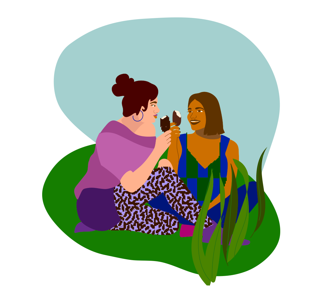 Απεικόνιση δύο γυναικών που κάθονταν στο γρασίδι απολαμβάνοντας ένα παγωτό Magic