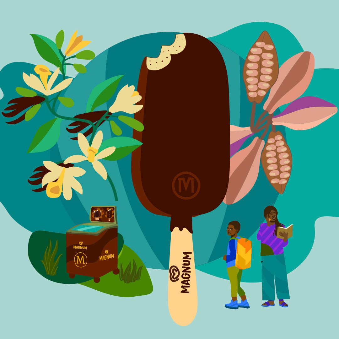 Kuva jättiläismäisestä Magnum-jäätelöstä, jota ympäröi vaniljakukat, vaniljatangot, kaakaotangot ja ihmisiä vihreällä taustalla. Text