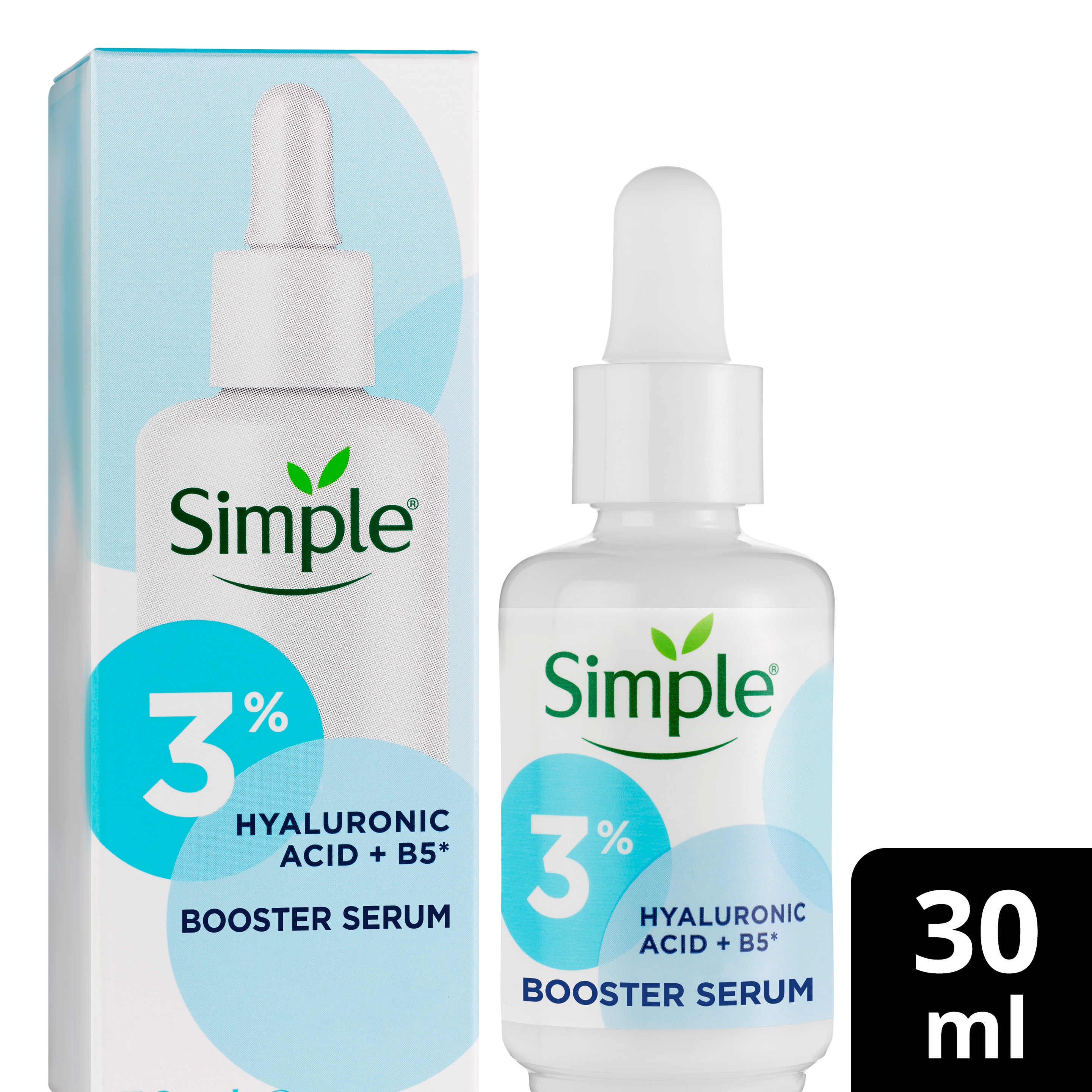 A bottle of Simple Booster Serum next to it's packaging