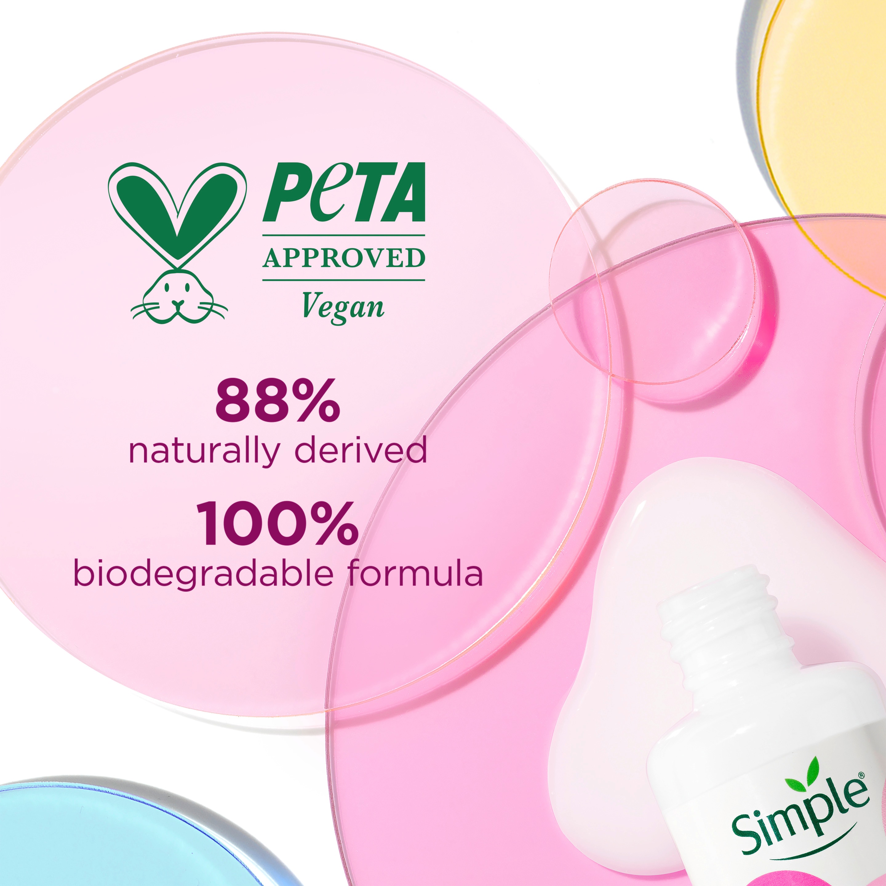 Peta approved vegan logo, 88% naturally derived, 100% biodegradable formula