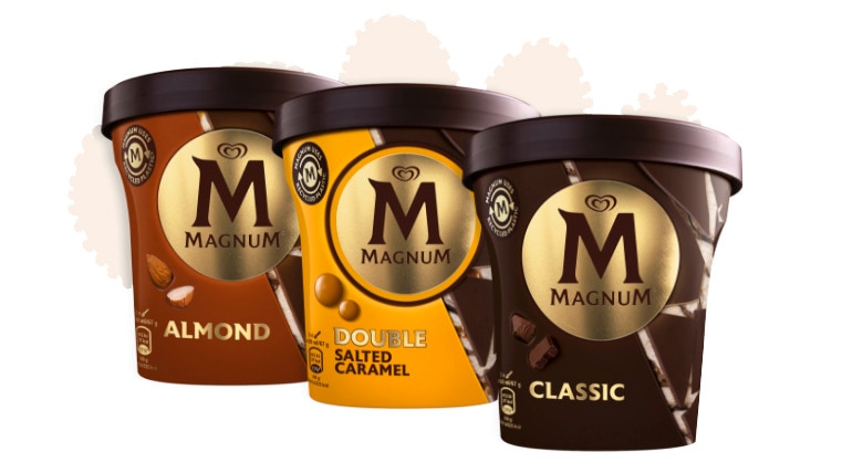 Three tubs of Magnum ice creams side by side