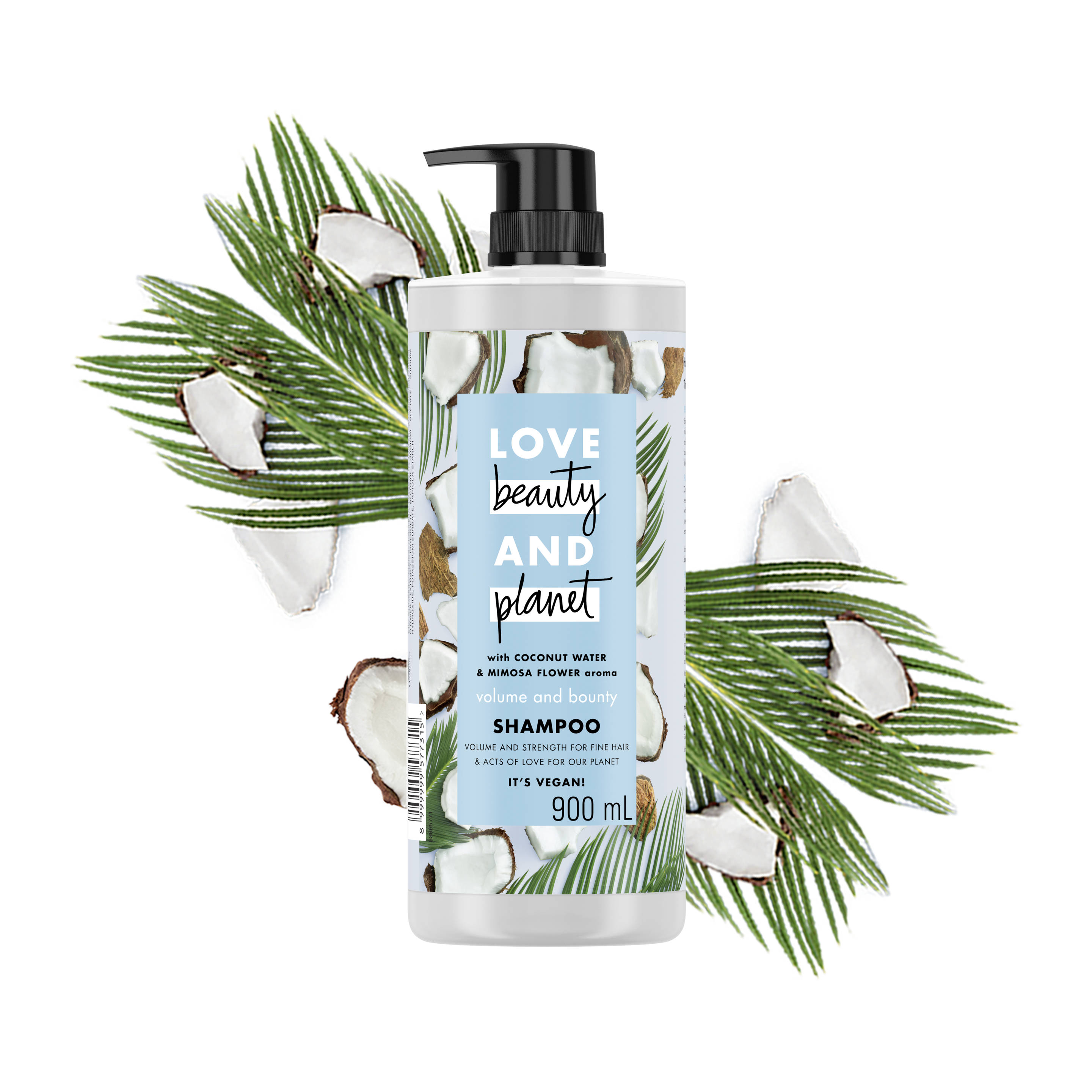 Tampak depan kemasan Love Beauty and Planet Coconut Water & Mimosa Flower Shampoo ukuran 900 ml