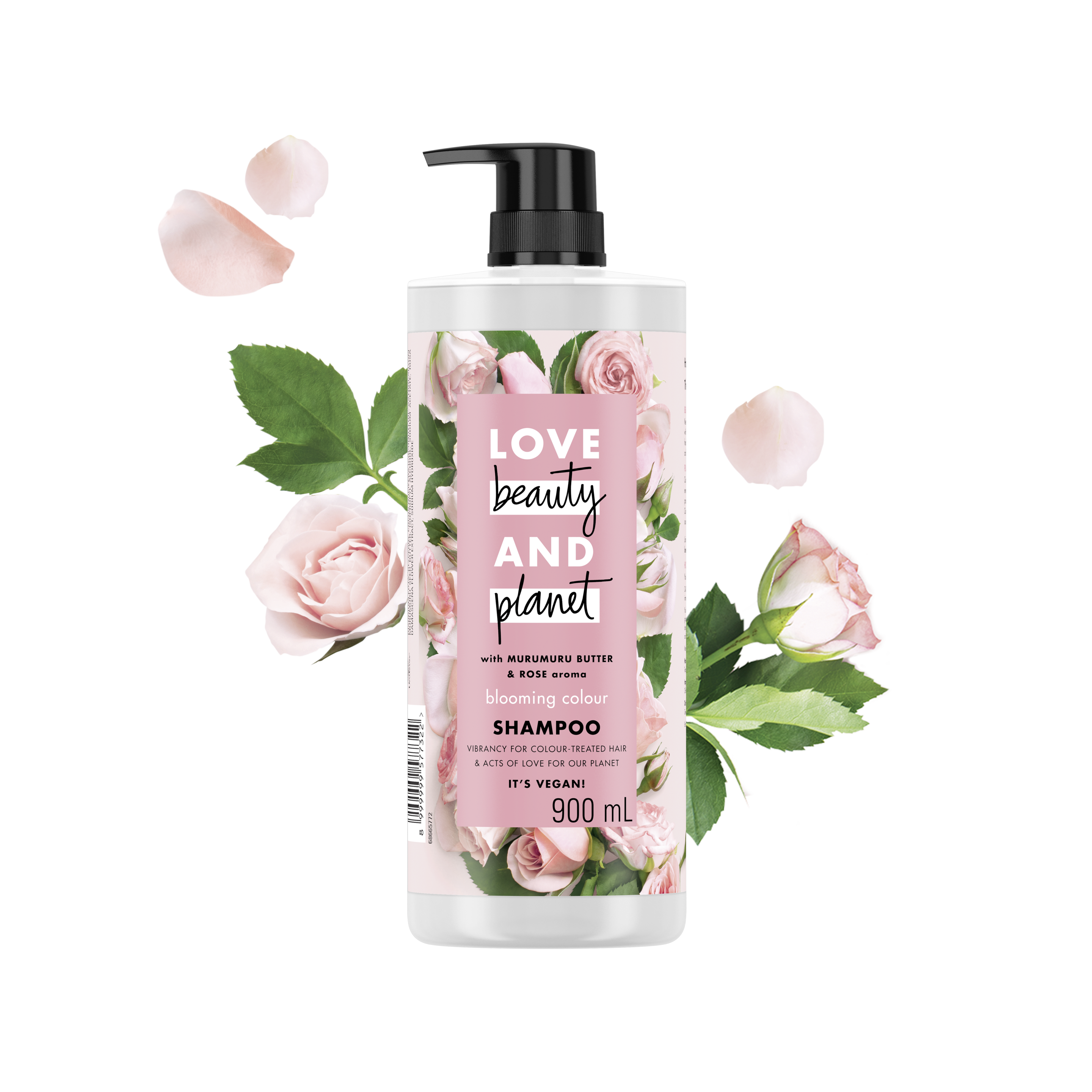 Tampak depan kemasan Love Beauty and Planet Murumuru Butter & Rose Shampoo ukuran 900 ml