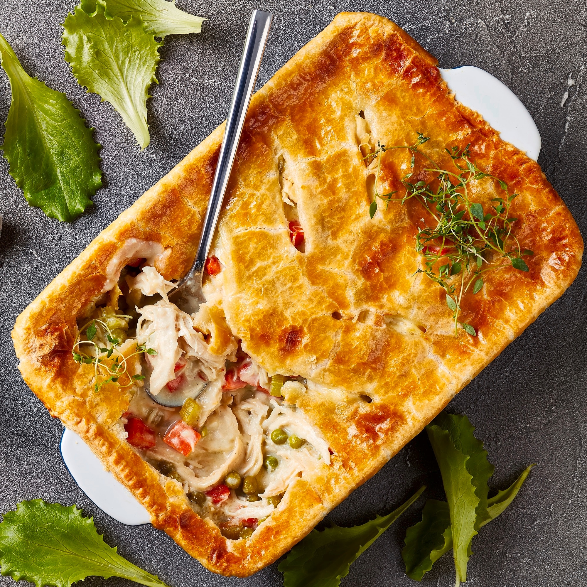 Chicken pie in a casserole dish