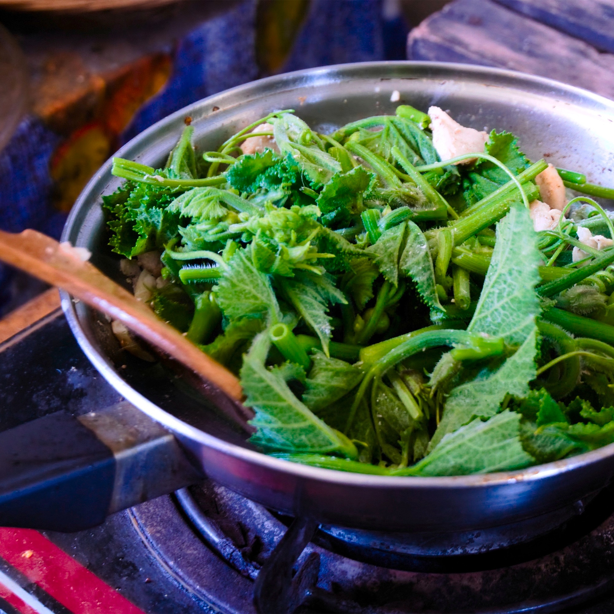 Pumpkin leaves in a frying pan